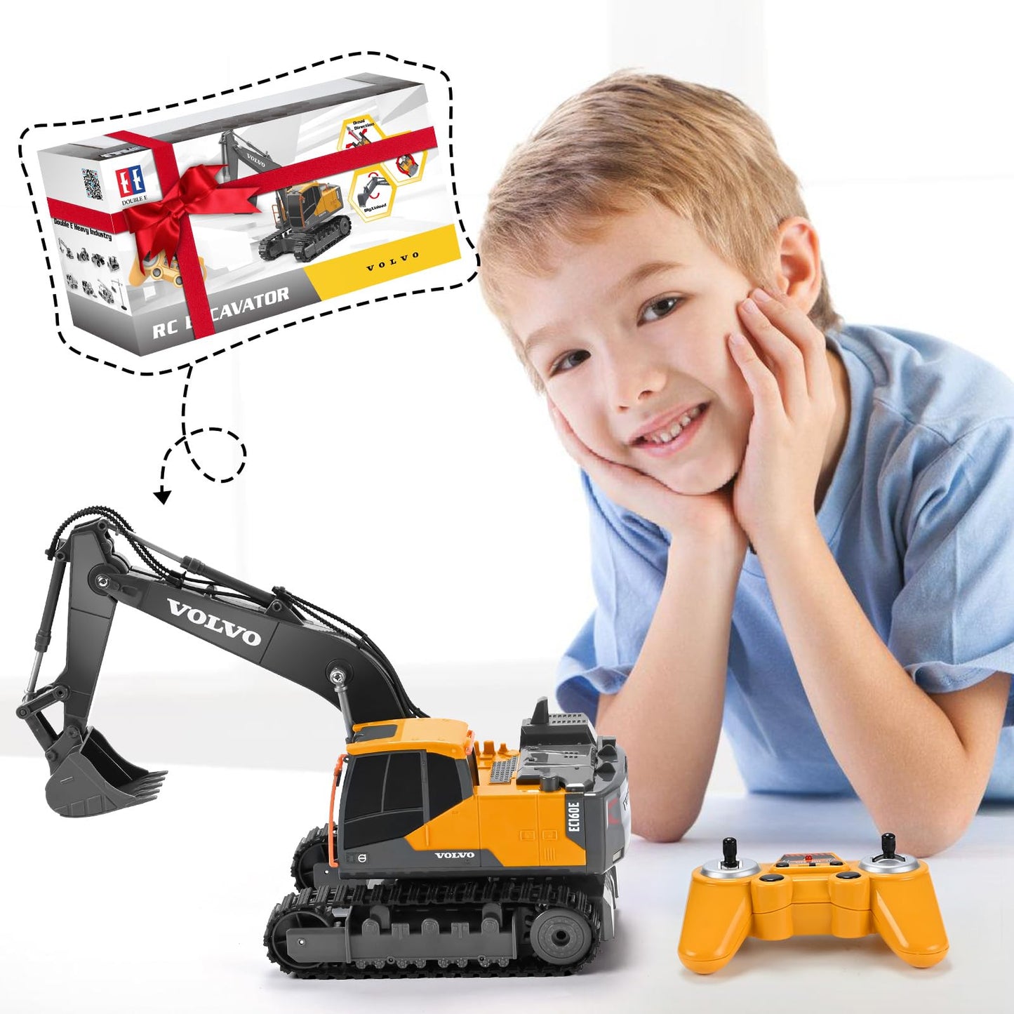 Double E Volvo Remote Control Excavator Toy, RC Construction Vehicles with 360° Spin & 330° Cab Rotation, Dig & Unload, 2.4GHz Anti-Interference for Multi-Player, Outdoor Sandbox Digger Gift for Kids