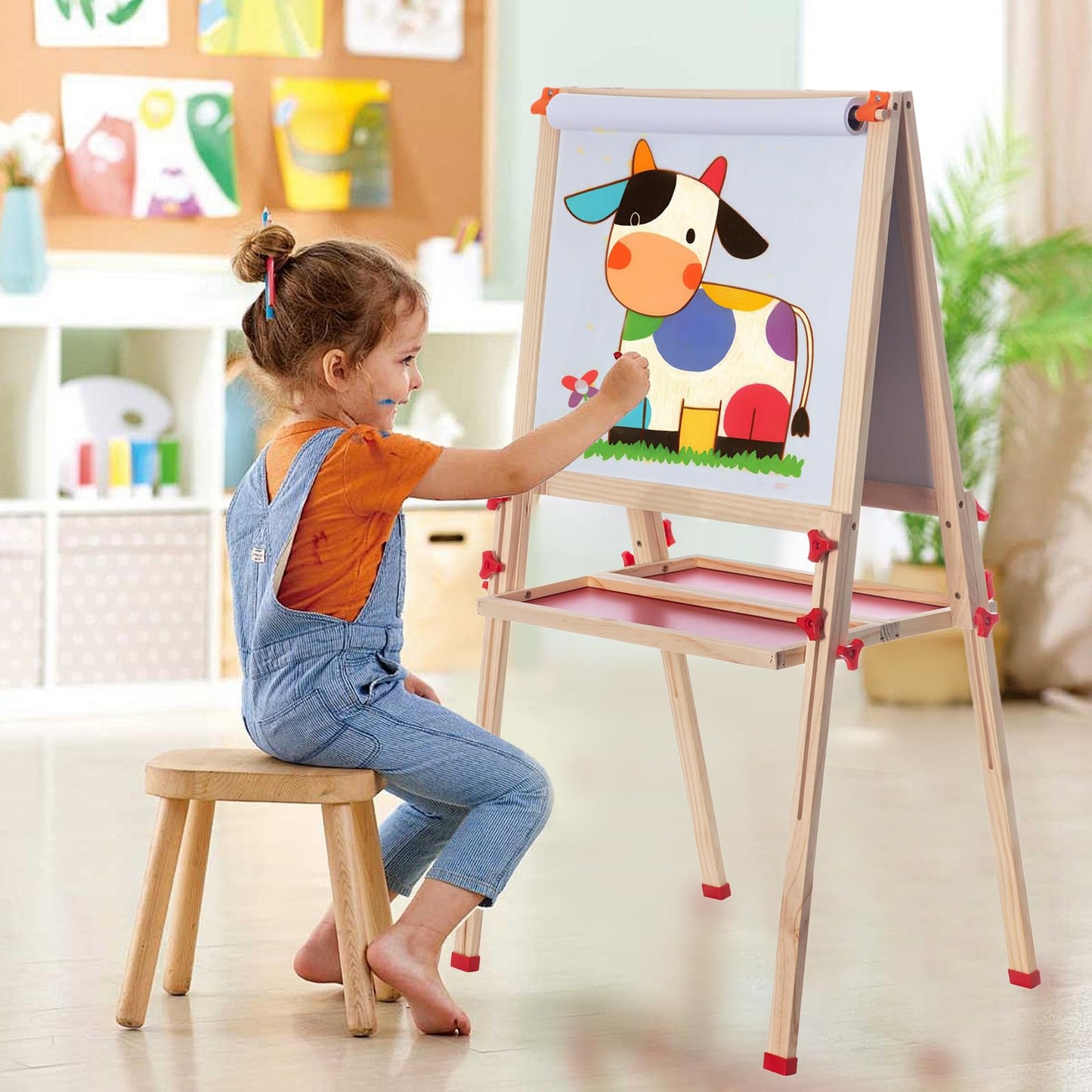 Wooden Adjustable Easel for Kids, Quick-Fold Kids Easel with Paper Roll&Accessories, Double Sided Painting Easels for Toddlers 3,4,5,6,7,8,9,10 Years, Perfect Painting Gifts&Supplies for Boys&Girls