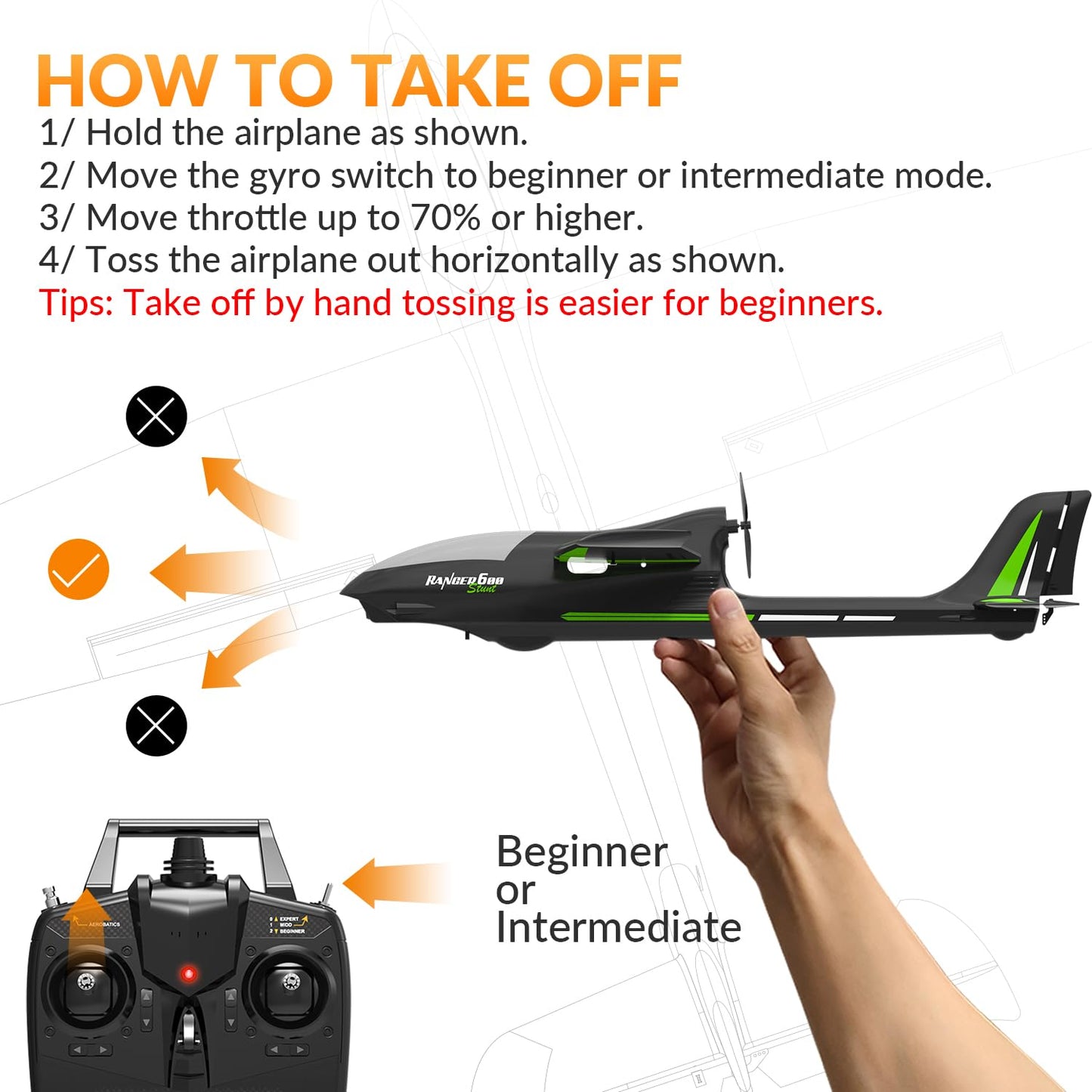 RCSHOBBY RC Plane Ranger600 Stunt 4 Channel Glider Remote Control Airplane Ready to Fly 2.4Ghz RC Airplane with Xpilot Stabilization System & One Key Aerobatic for Beginners,Adults