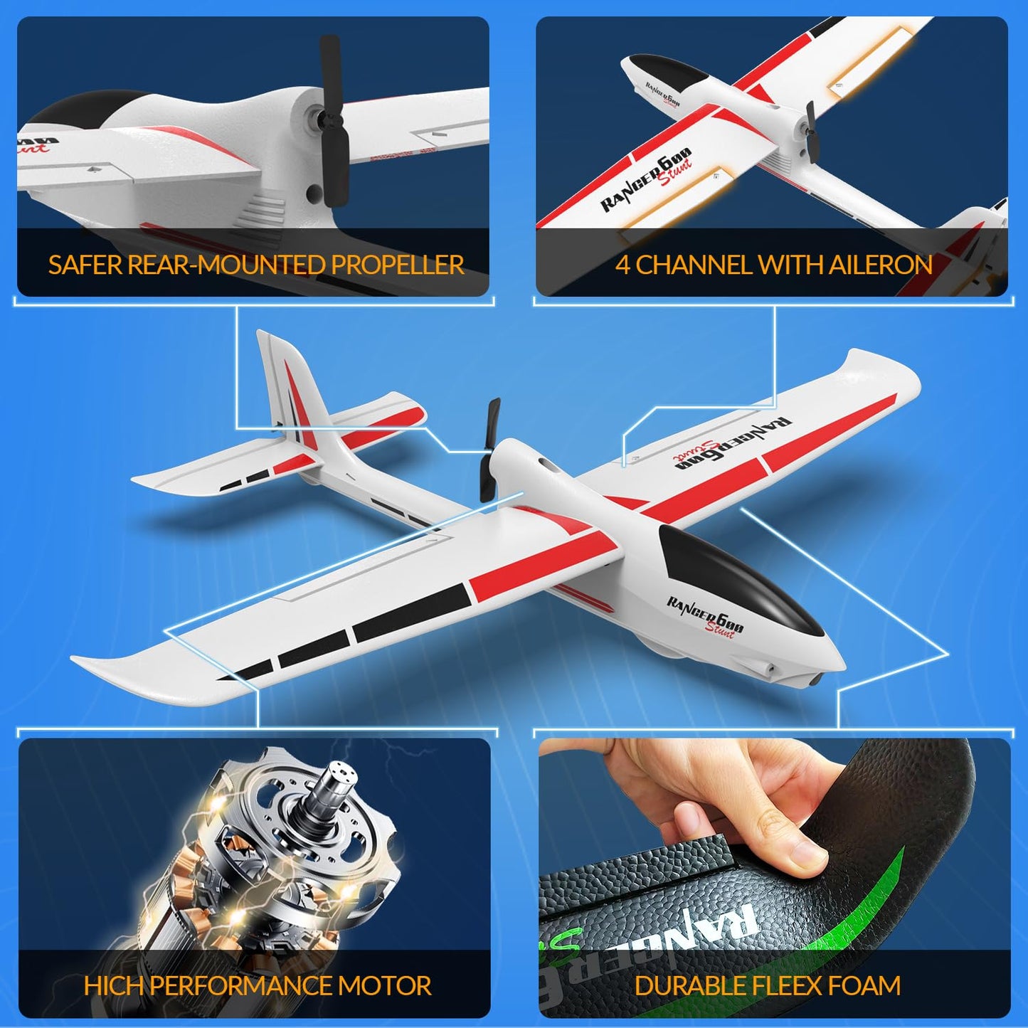 volantexrc RC Glider Plane Ranger600 Stunt 4 CH Remote Control Airplane RTF with 6-Axis Gyro & 3 Modes Easy to Fly, 2.4GHz Radio Controlled Aircraft for Beginners & Adults (White)