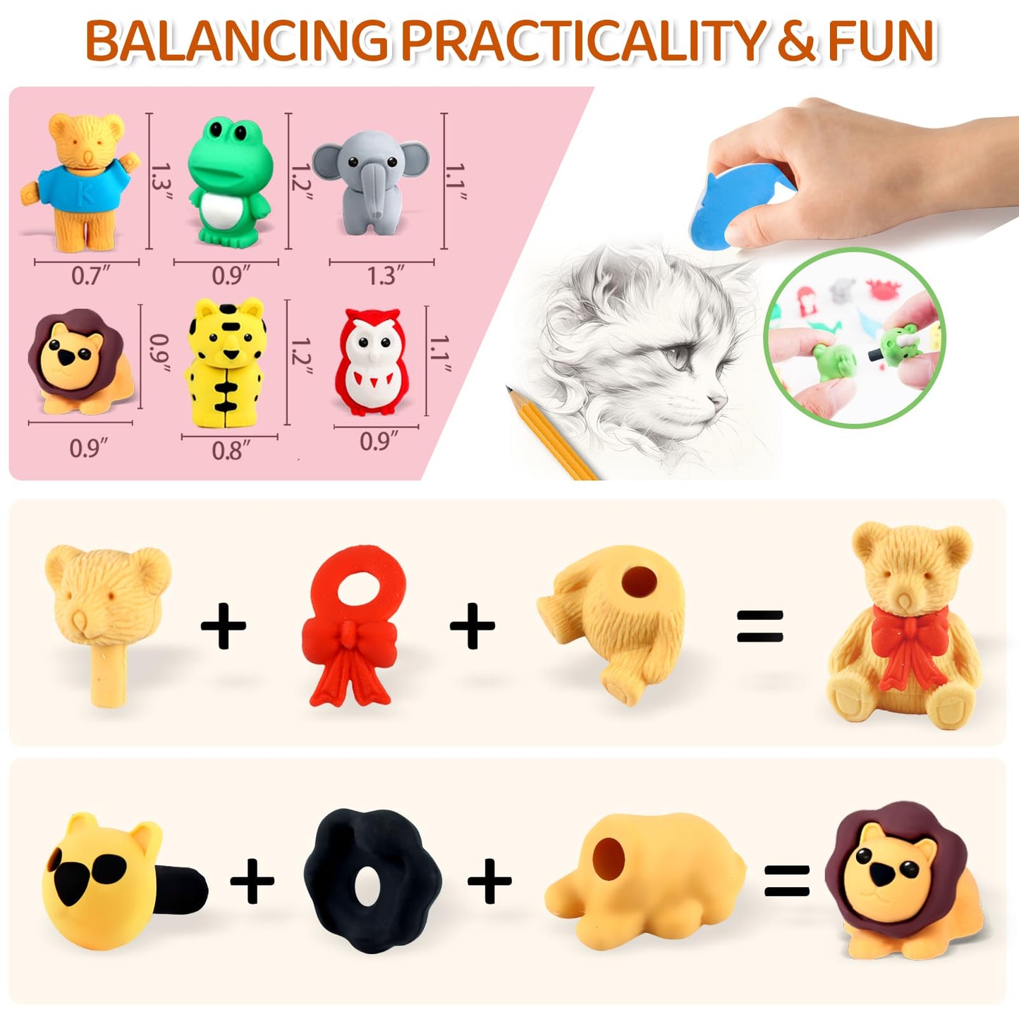 URSKYTOUS 60Pcs Animal Erasers Kids Desk Pets Pencil Erasers 3D Puzzle Bulk Mini Animal Eraser Toys Fun Cute Eraser for Classroom Rewards, Game Prizes, Treasure Box, Easter Egg Fillers