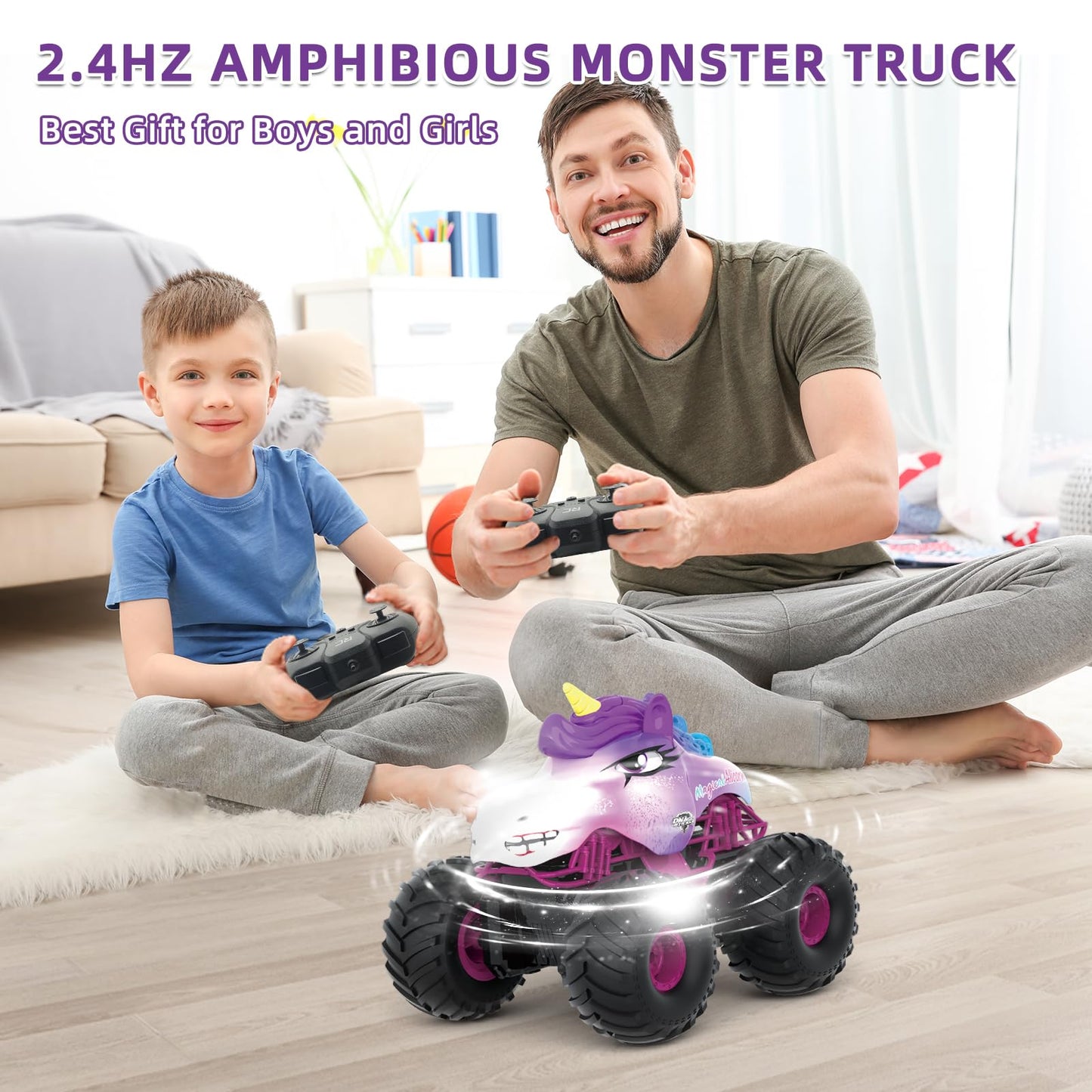 Unicorn RC Car, Pink Remote Control Car for Girls, 1:18 Amphibious Waterproof Monster Truck Unicorn Toys 2.4 GHZ Remote Control 360 ° Rotation Stunt Car, Gifts for Girls 6 + Years Old on Birthday