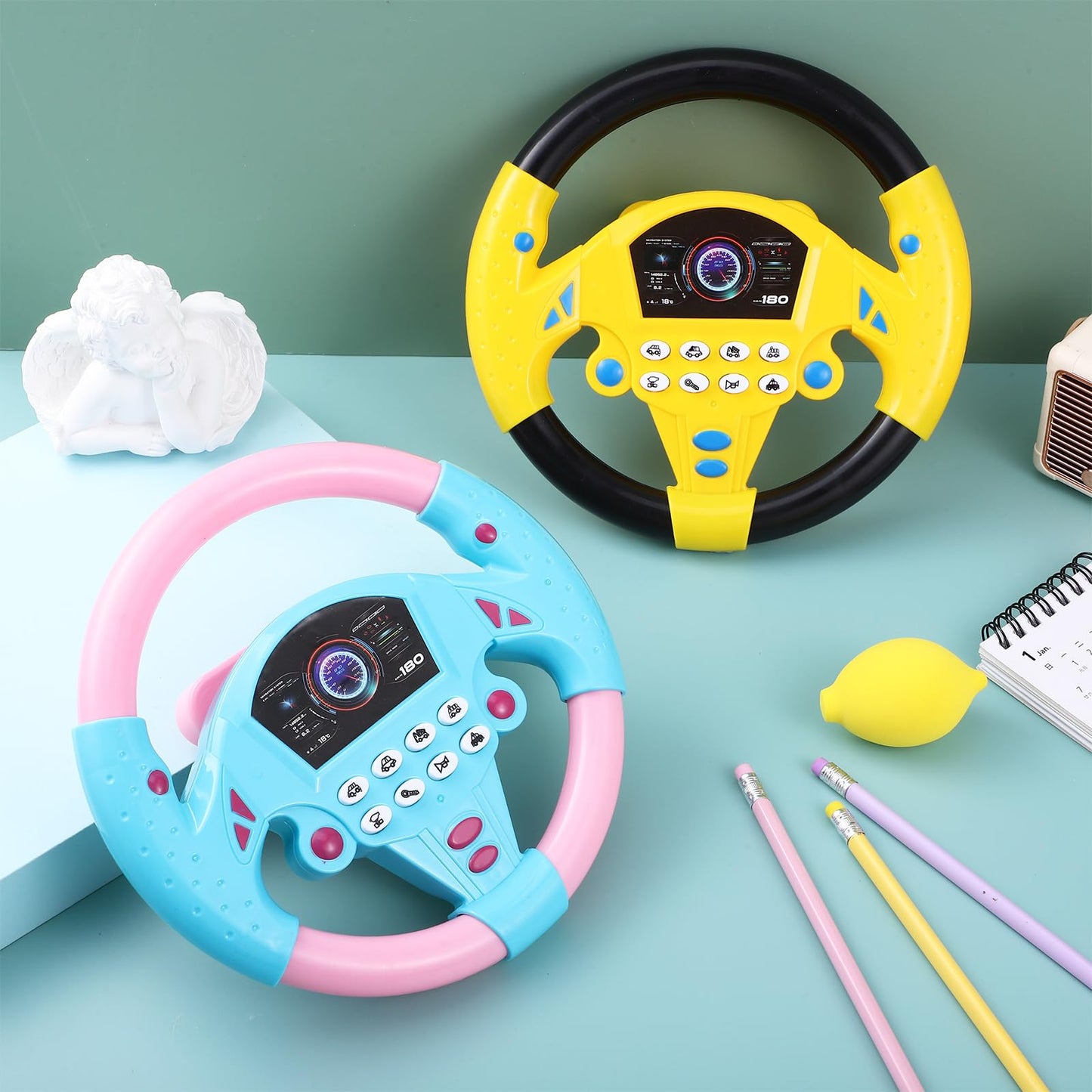 Homoyoyo 2Pcs Toy Steering Wheel for Kids, Simulated Driving Controller with Music for Car, Fake Steering Wheel Electric Early Learning Educational Toy for Boys and Girls (1Black&Yellow/1Powder&Blue)