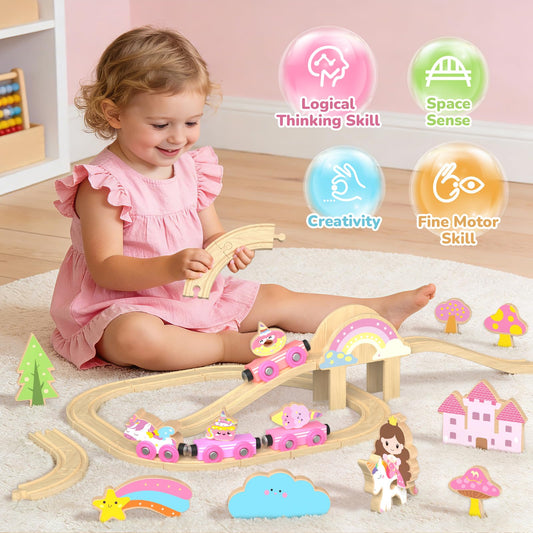 Hot Bee Wooden Train Set for Toddlers 2-4, 38-Piece Unicorn Train Set for Girls, Pink Wooden Train Track Set with Fairies & Unicorns, Girl Train Set Birthday Gifts for 2 3 4 5 Year Old Girls