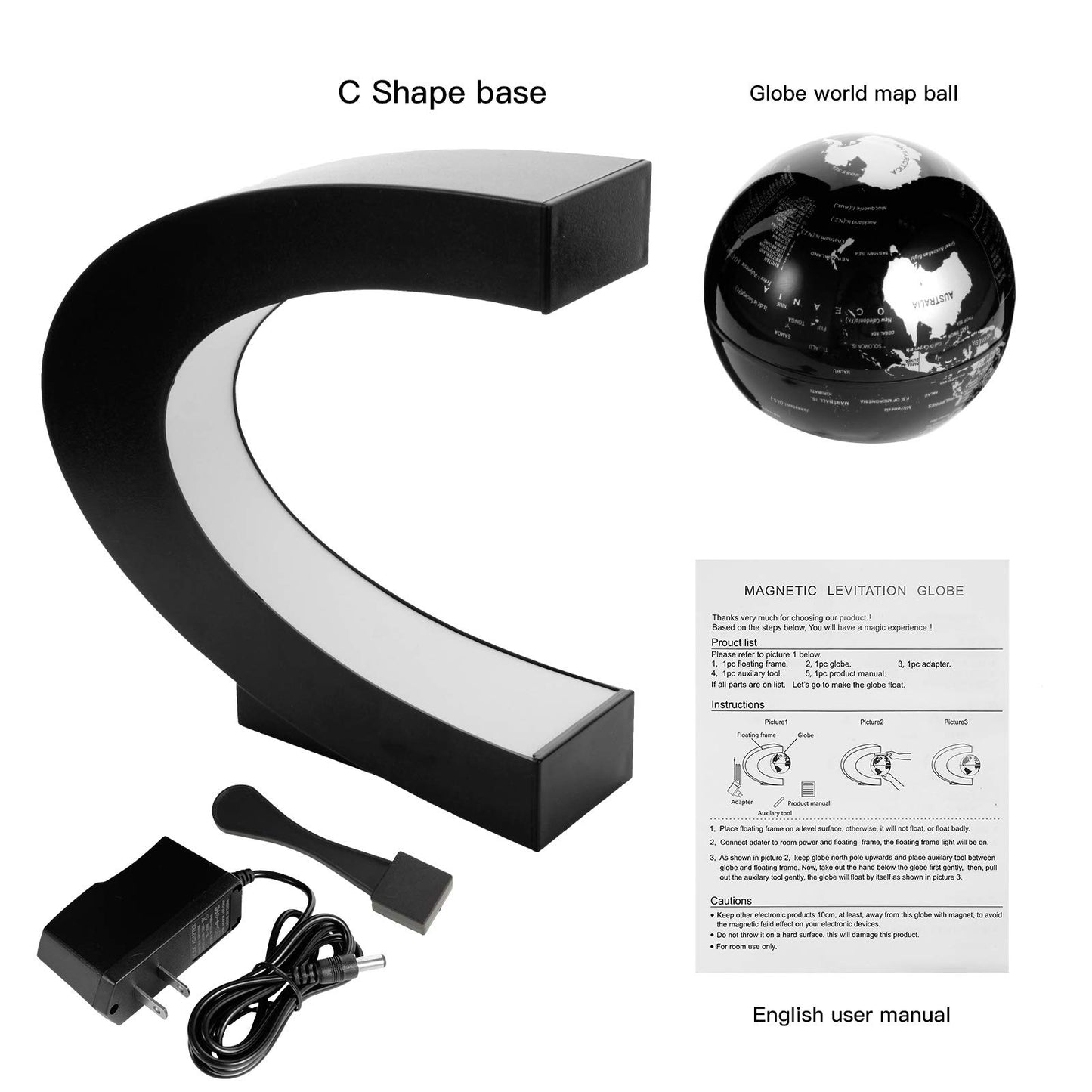 Gresus Magnetic Levitation Floating World Map Globe, C Shape Base with LED Lights, Great Fathers Students Teacher Business Boyfriend Birthday Gift for Desk Decoration (Black) (Globe doesn't light up)