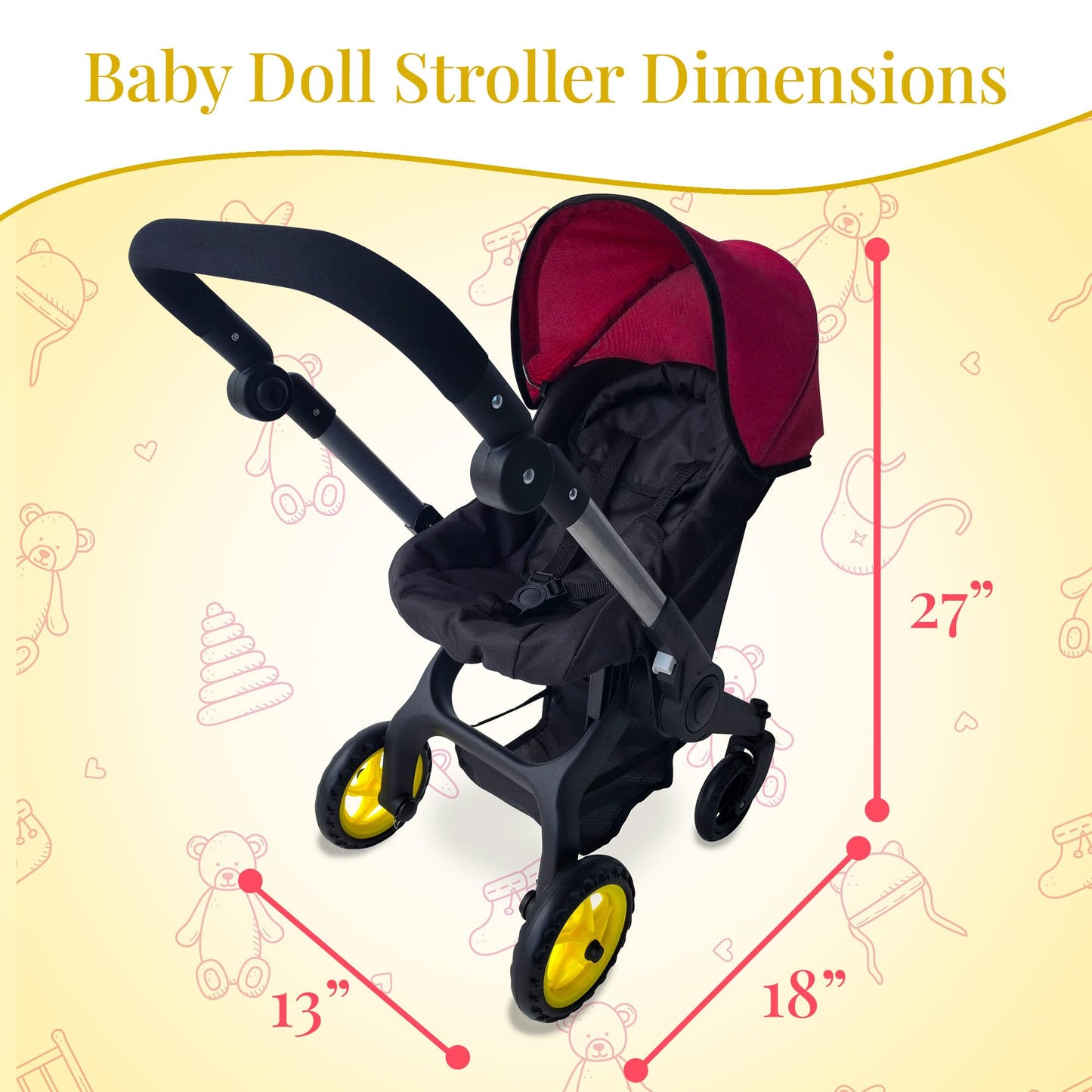 Baby Doll Car Seat Stroller Combo – Convertible 2 in 1 Doll Stroller and Car Seat for Kids – Fits Up to 20” Dolls – Play Toy Baby Stroller with Adjustable Handle for Girls Toddlers All Ages (Maroon)
