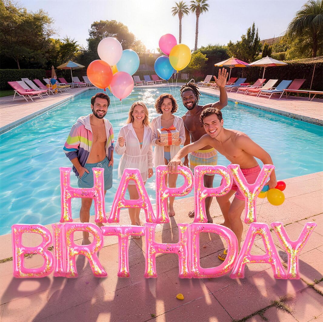 Happy Birthday Pool Floating Letter Balloons, 20'' Inflatable Pool Birthday Decorations with LED Lights,Adhesive Dots, Pink Gold Confetti, Reusable PVC Large Floating Letters for Pool Party