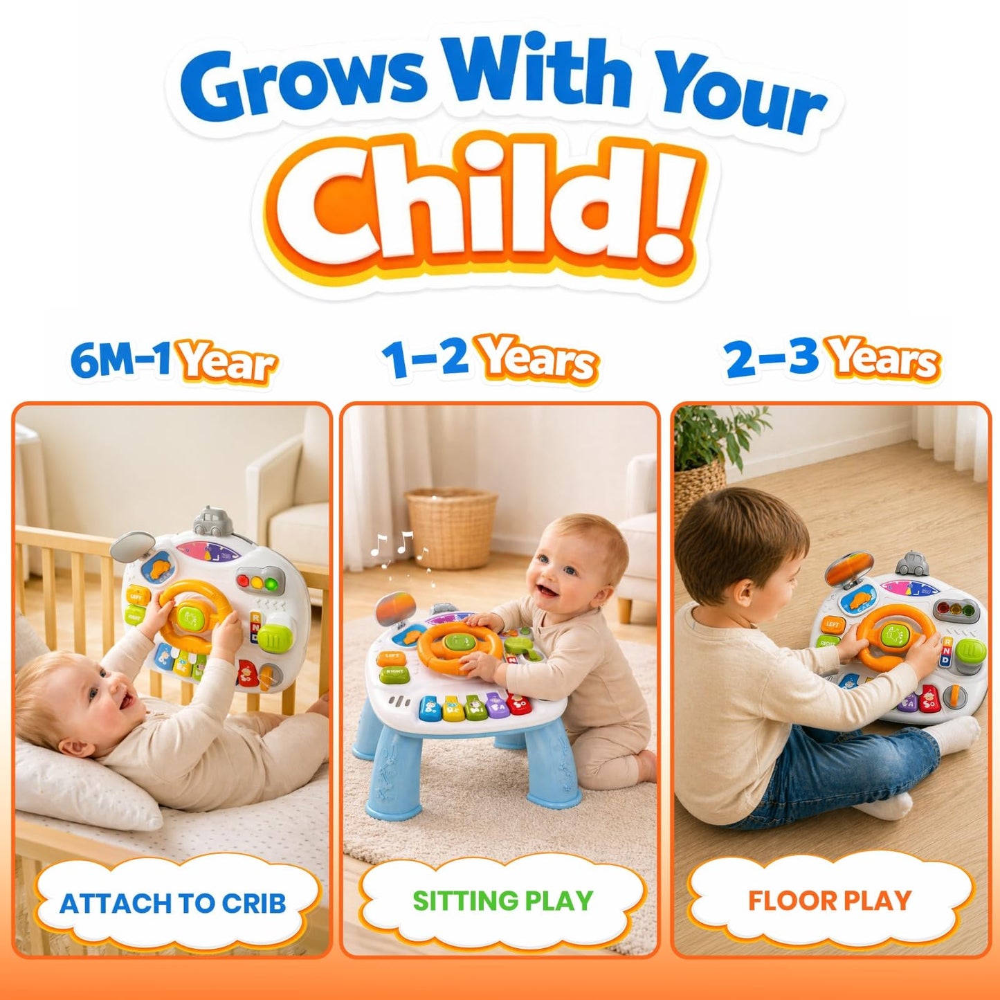 Baby Activity Table for Toddlers 1-3, Toddler Activity Table with Steering Wheel, Piano Keys, Lights and Music, Learning Toy for 18 Month Old Boys and Girls, First Birthday Gift, Baby Piano Toy
