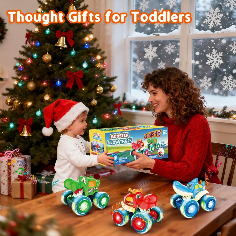Monster Truck Toys, Light Up Monster Trucks for Boys Age 4-7, Toy Cars for Toddlers 1-3 with Shark Bull Crocodile Truck, Musical Press and Go Cars Kids Gifts for Birthday Easter Basket Stuffers