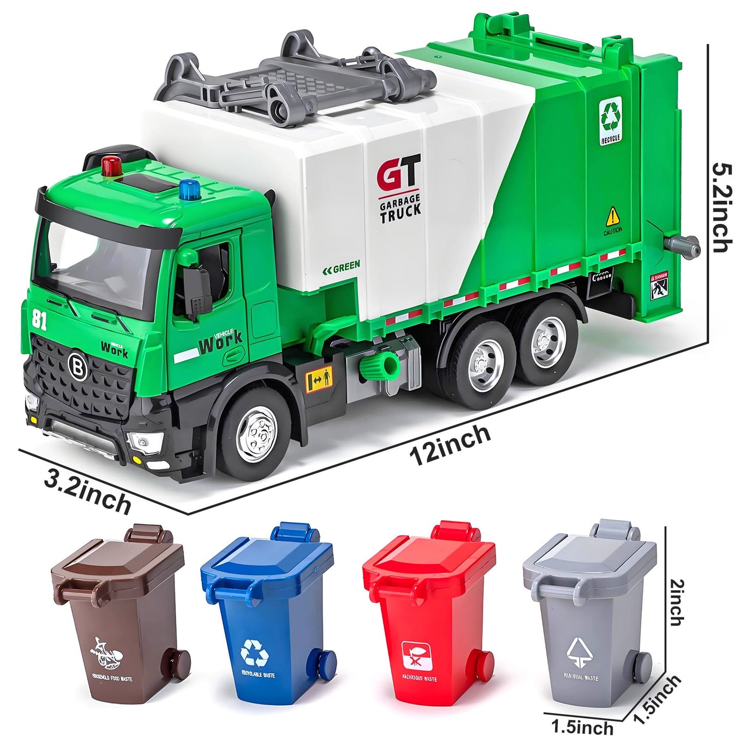 HAPYAD Side Loading Garbage Truck Toys Metal CAB, Trash Truck with Air-Pump Function, Lights & Sounds, Includes 4 Trash Bins, Learning Cards, Birthday Gift for Toddlers Kids 12"