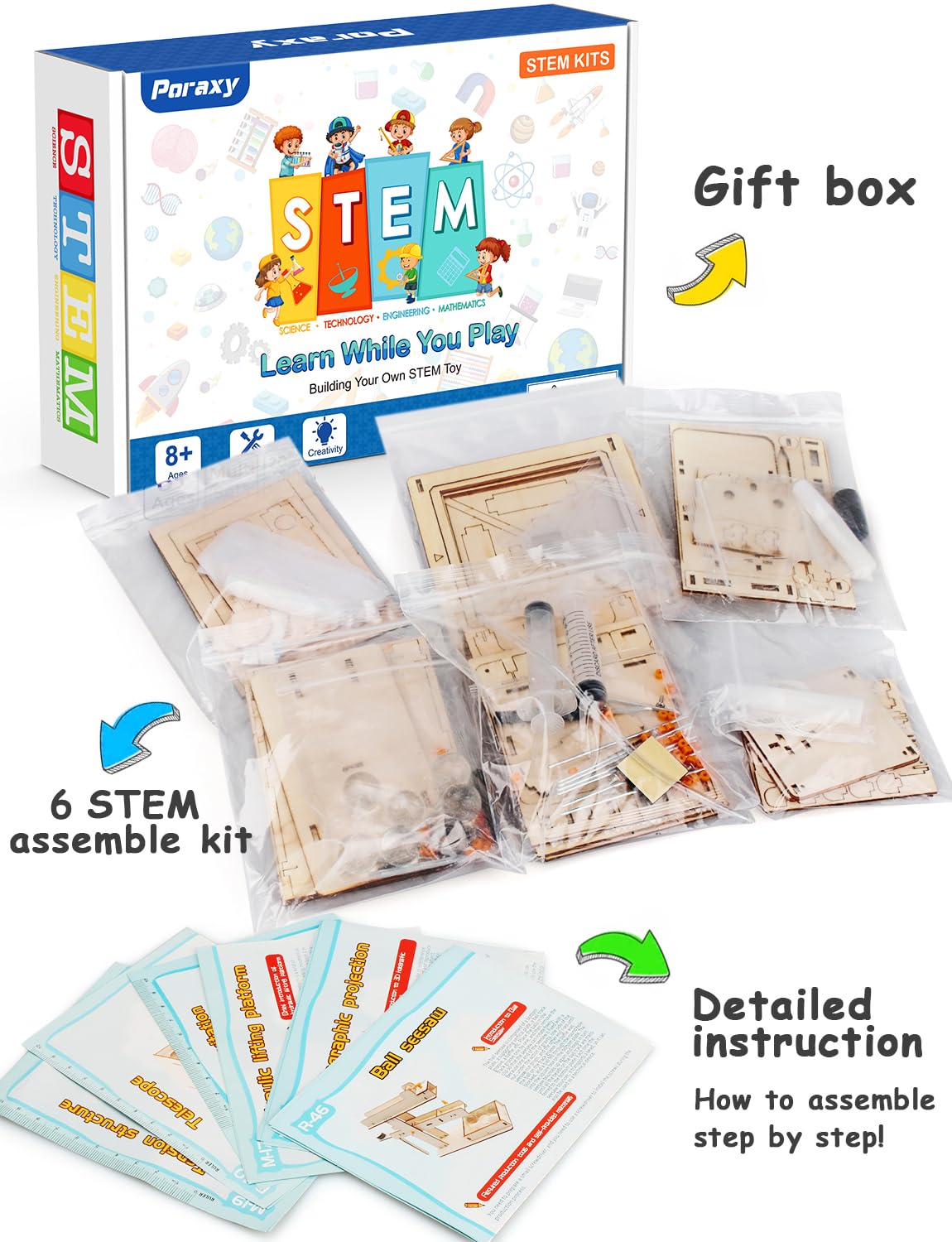 Poraxy 6 in 1 STEM Kits for Kids Age 8-10, Science Building Educational Experiment Projects 8-12, 3D Wooden Puzzles Crafts, Toys for Age 8-13, Gifts for Boys and Girls 6 7 8 9 10 11 12 13 Years Old