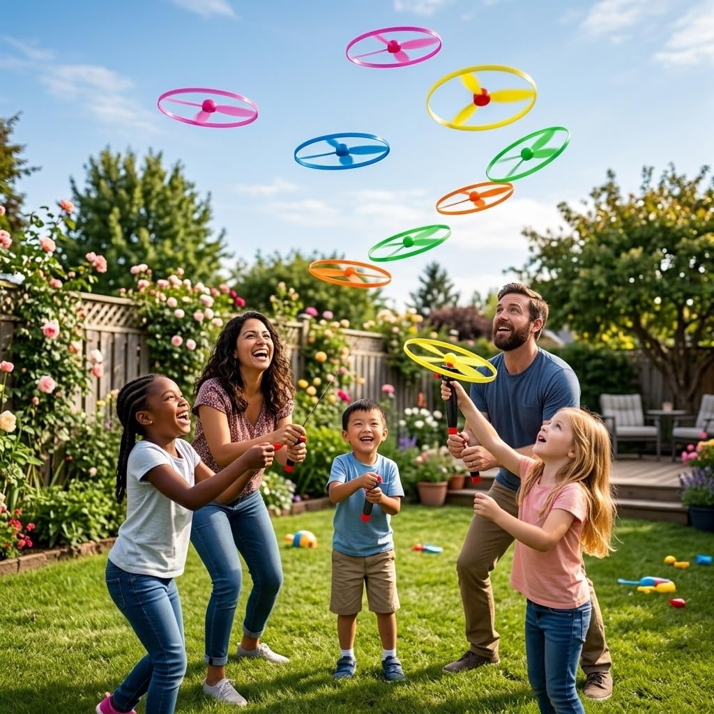 JOINPAYA Flying Disc Launcher Toy - Pull String Flying Disc Set 5 String Launchers and 10 Flying Saucer Disk Launcher, Disk Helicopter for Kids Party Favors and Outdoor Activities