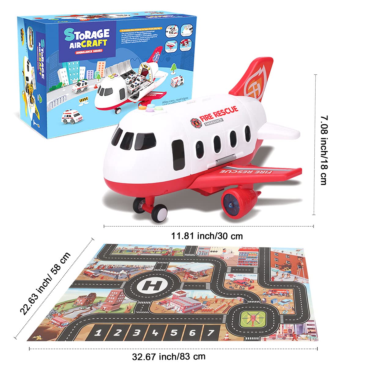 Dwi Dowellin Airplane Toys with Fire Truck Cars Toy Set and Play Mat,Plane with Light Up and Sounds,Birthday Gift for 3 4 5 6 Years Old Kids Boys Girls(Medium)