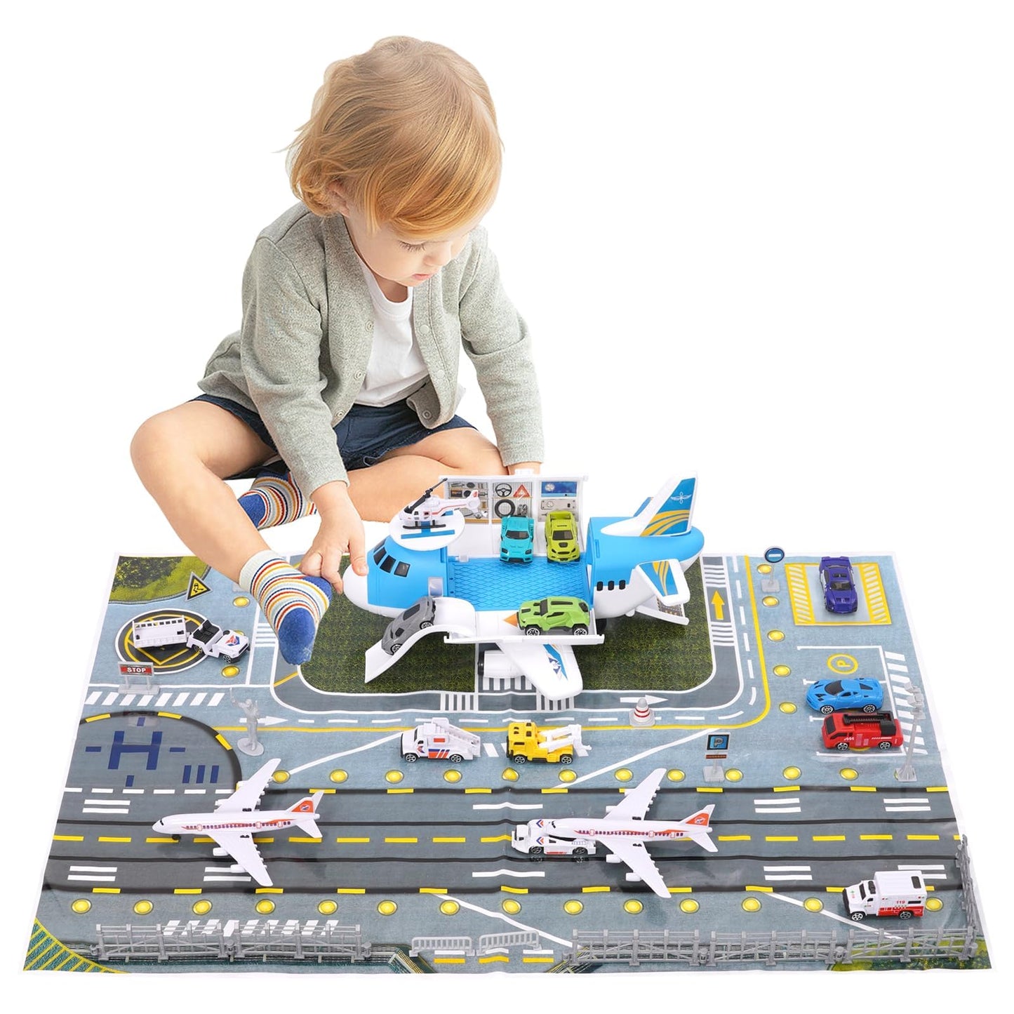 Airplane Toy Car Toy Set Airport Playmat with Helicopter, Truck, Plane, Sign Parking Lot Toy Set with Traffic Signs and Road Accessories Transport Airplane Scene Play Mat for Toddler Age 3+