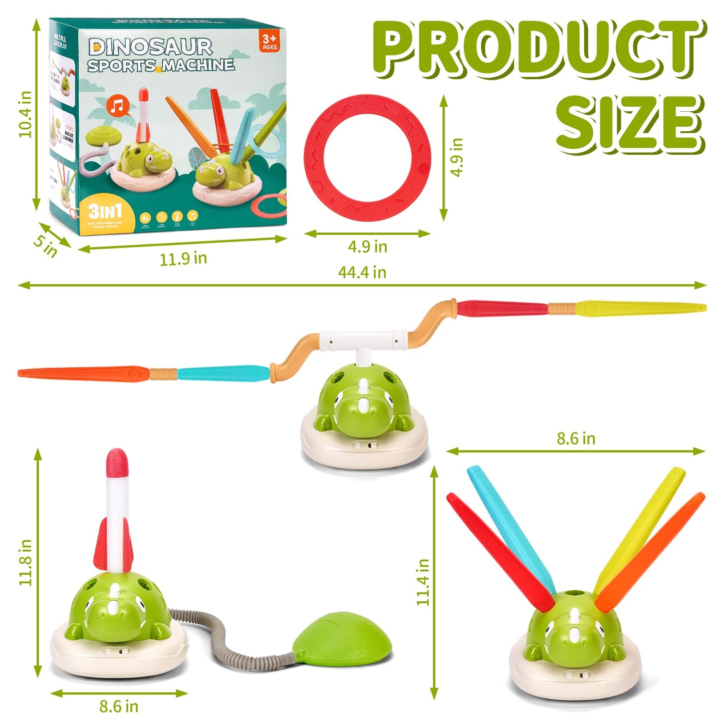 Purryegift 3 in 1 Dinosaur Rocket Launcher, Musical Spinning Jump Dinosaur Toy, Ring Toss Game & Stomp Rockets with Remote Control, Kids Indoor & Outdoor Energy Burning Toys for Boys Girls (1 Set)