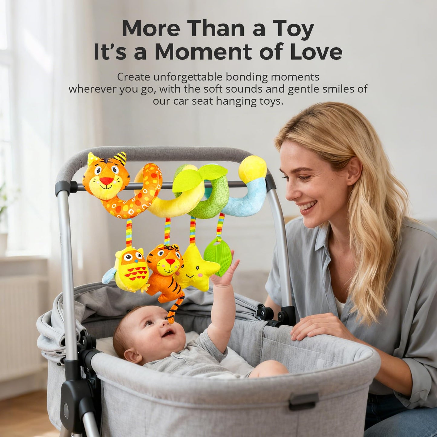 Carseat Toys Hanging for Babies 0-6-12 Months – Plush Spiral Car Seat Toys with Rattles, Crinkle & Teether – Stroller, Crib Hanging,for Baby Gym