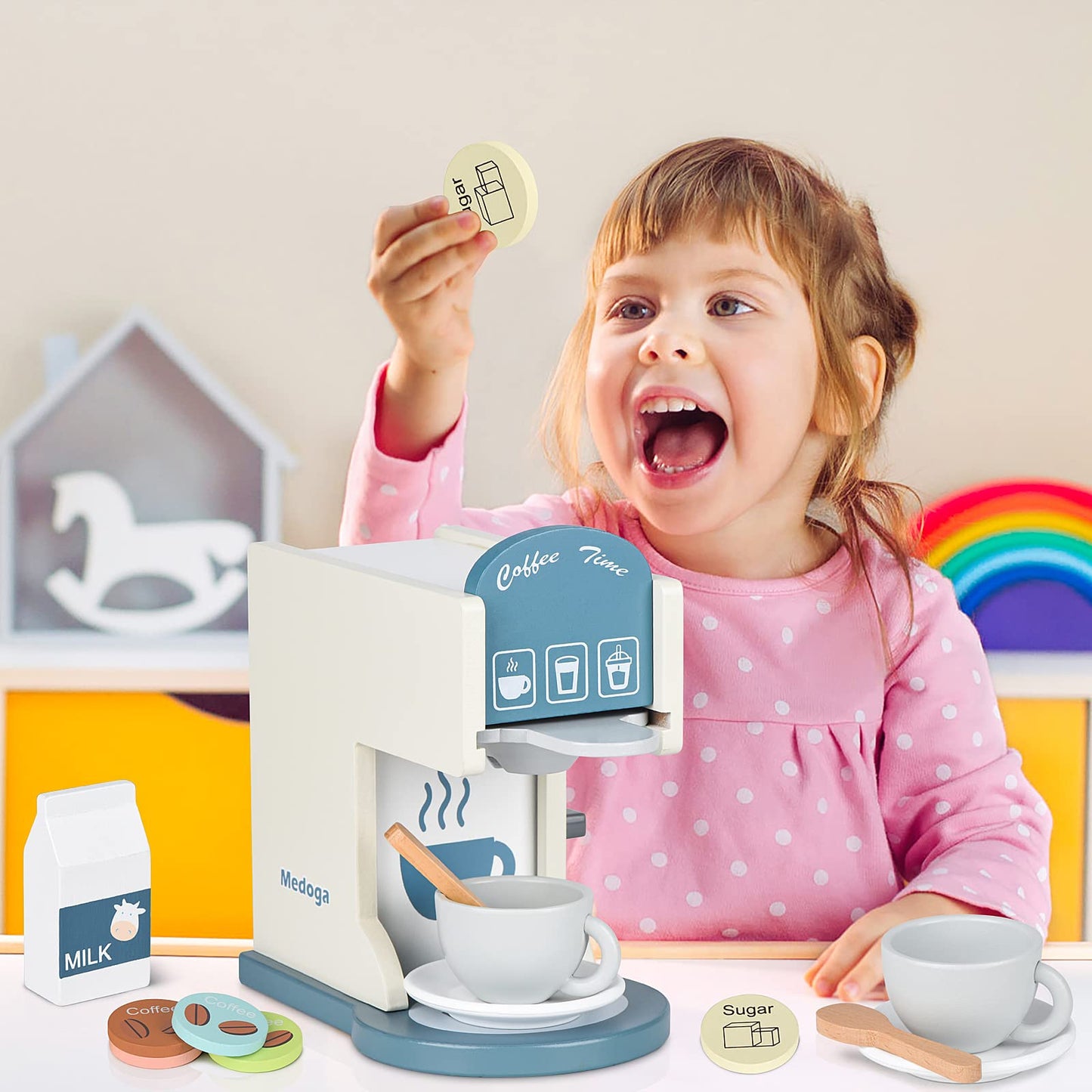 Play Kitchen Accessories Kids Wooden Coffee Maker Toy Espresso Machine Toddler Toy Kitchen Sets for Girls and Boys (Coffee Maker) (White)