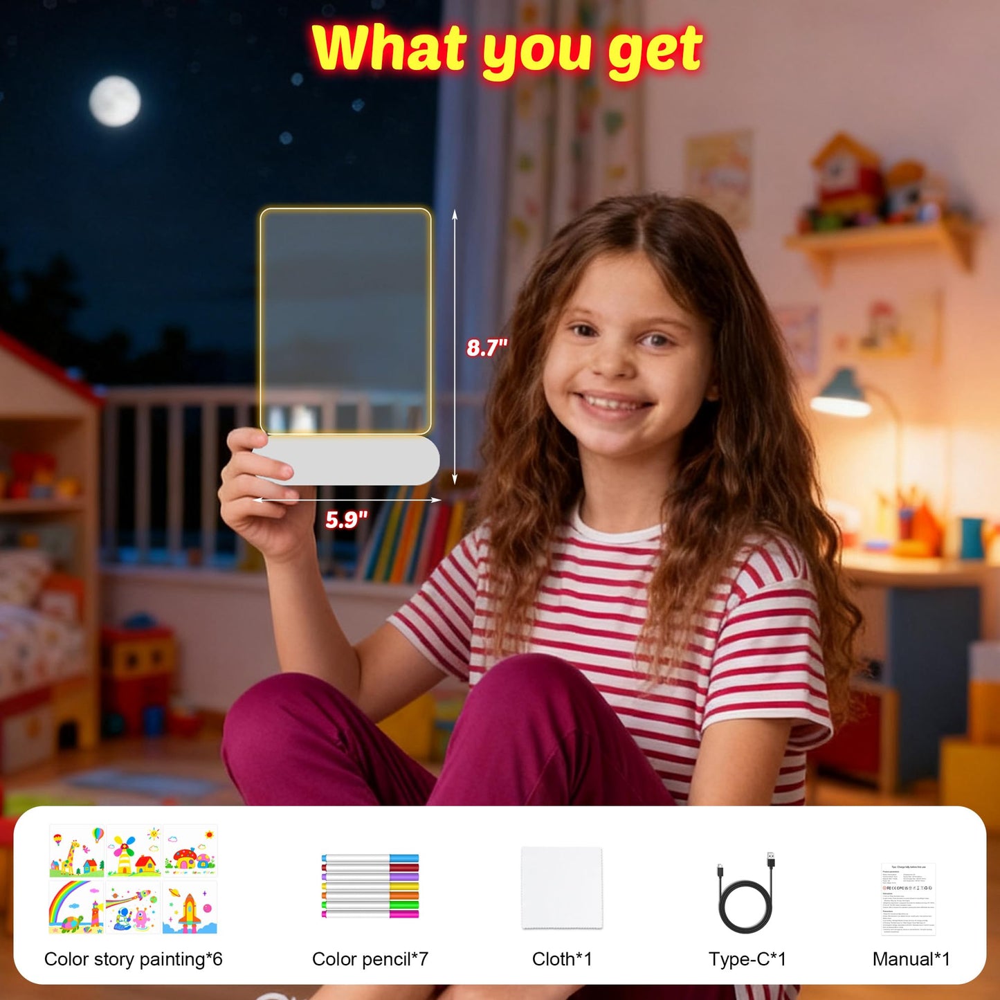 MOKOQI Rechargeable LED Drawing Board | Cordless LED Note Message Board for Kids,DIY Kids Own Night Light | Dry Erase Writing Board | Easter Birthday Gifts for Girls Boys 6-8