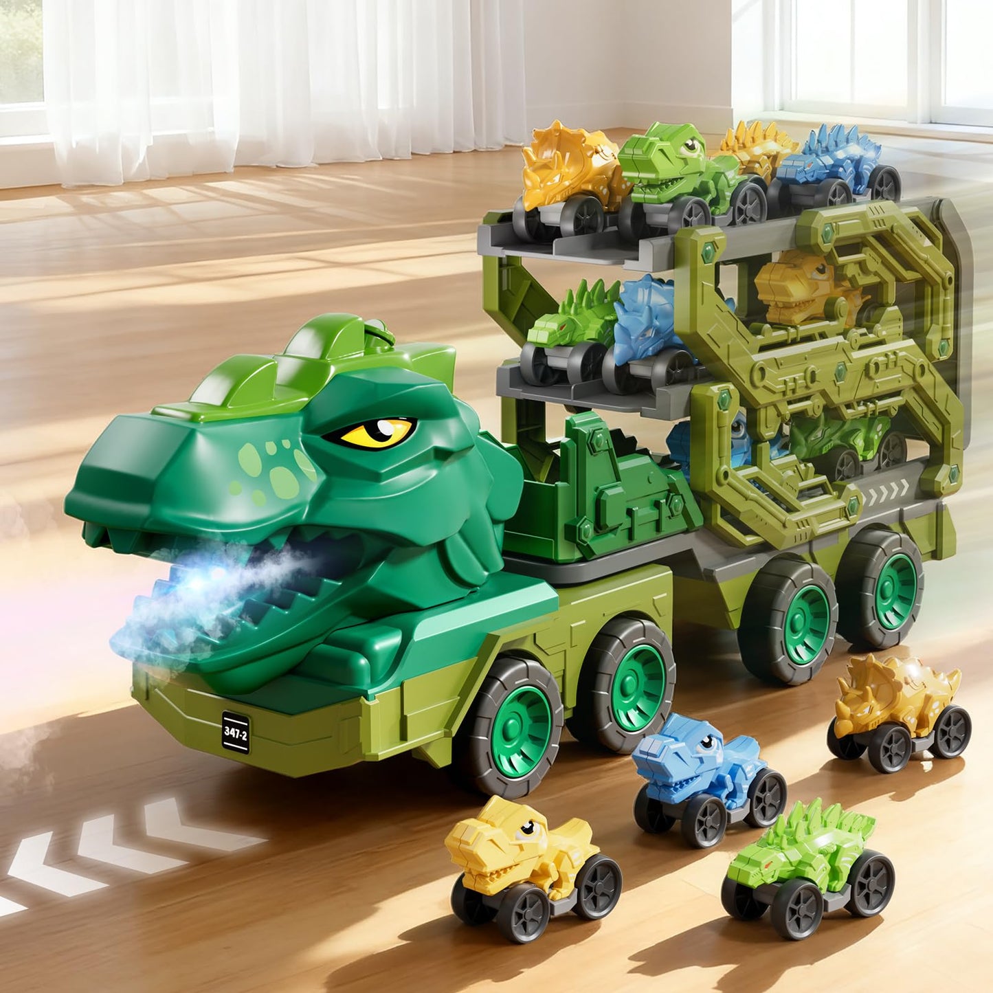PEADUCK Toddler Car Truck Toys for Kids Ages 3-5, 10-in-1 Dinosaur Carrier Truck with Foldable Track Toys with Spray, Light & Sounds and 9 Dino Cars, Birthday Gift for 3 4 5 6 7 8 Years Old Boys Girls