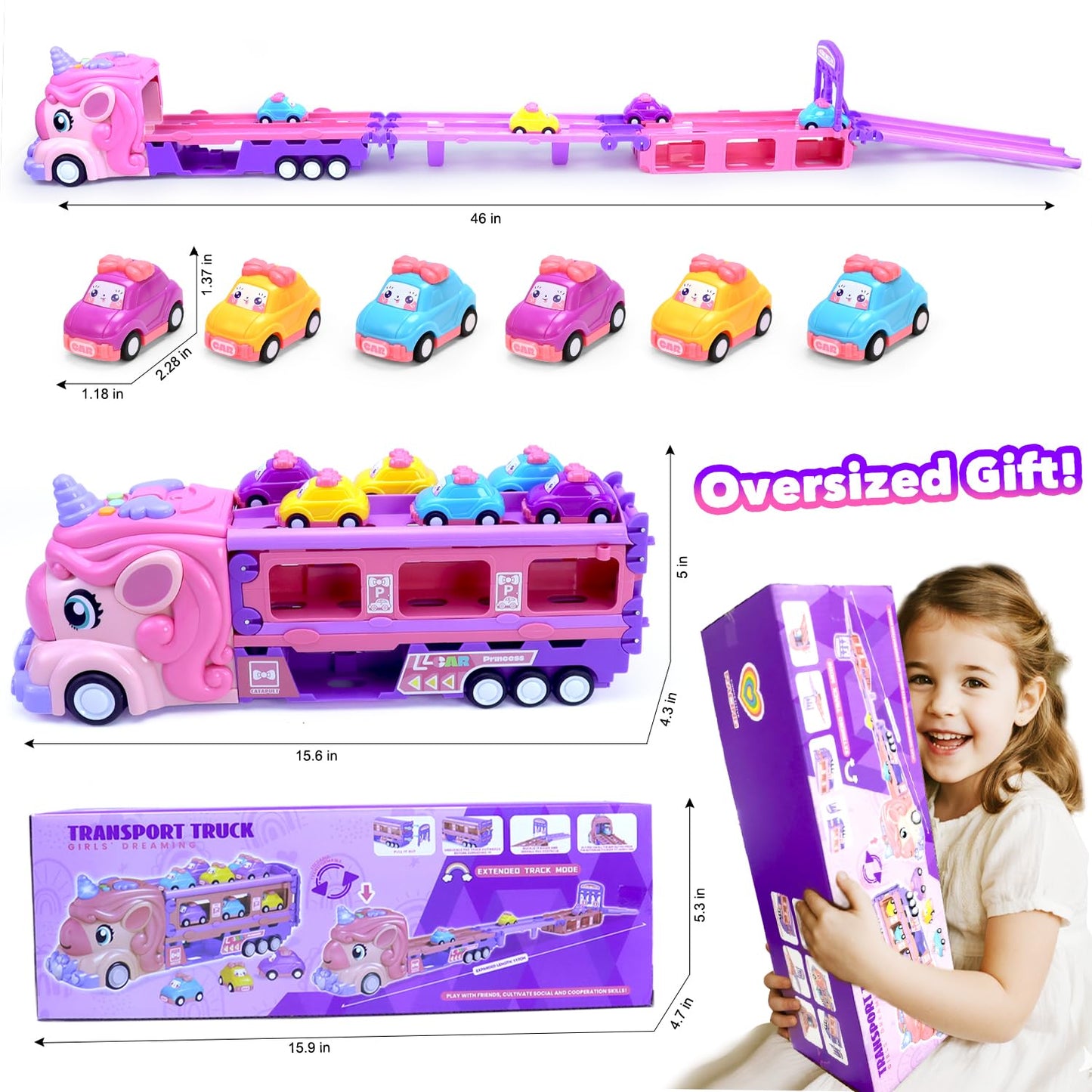 Unicorn Truck Toys for 2 3 4 5 6 7 Year Girl Toddler Foldable Track 2 Player Race Mode Friction Power Toy Cars Light&Sound Push Transport Carrier W/ 6 Princess Cars Birthday Gift Idea for Kids Girls