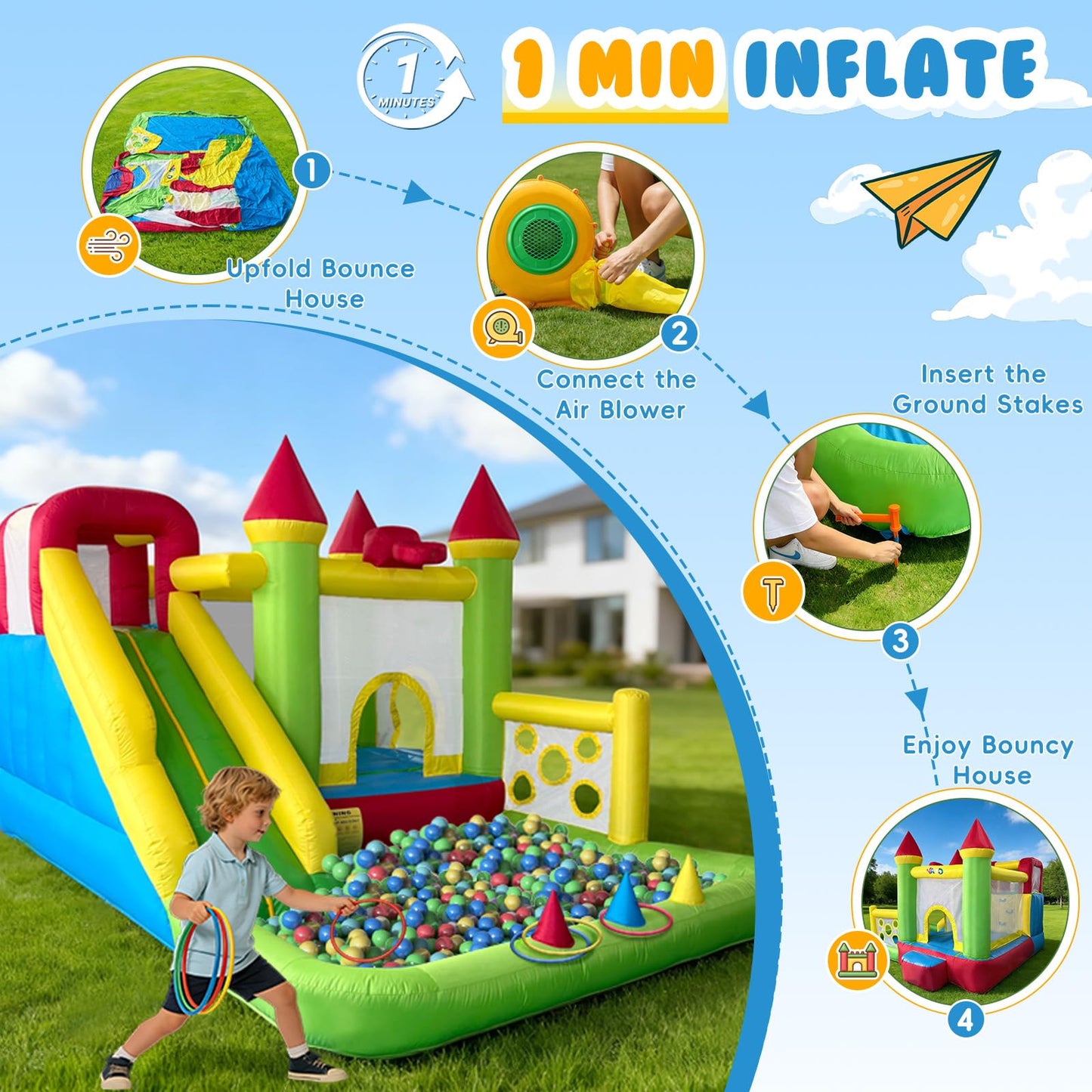 YARD Bounce House for Kids 3-6, 8-in-1 Inflatable Bouncy Castle with Slide, Blower, Ball Pit, Climb Wall, 12x13x8.5FT Jump House for Big Toddlers for Indoor & Outdoor Backyard Party Family Gathering
