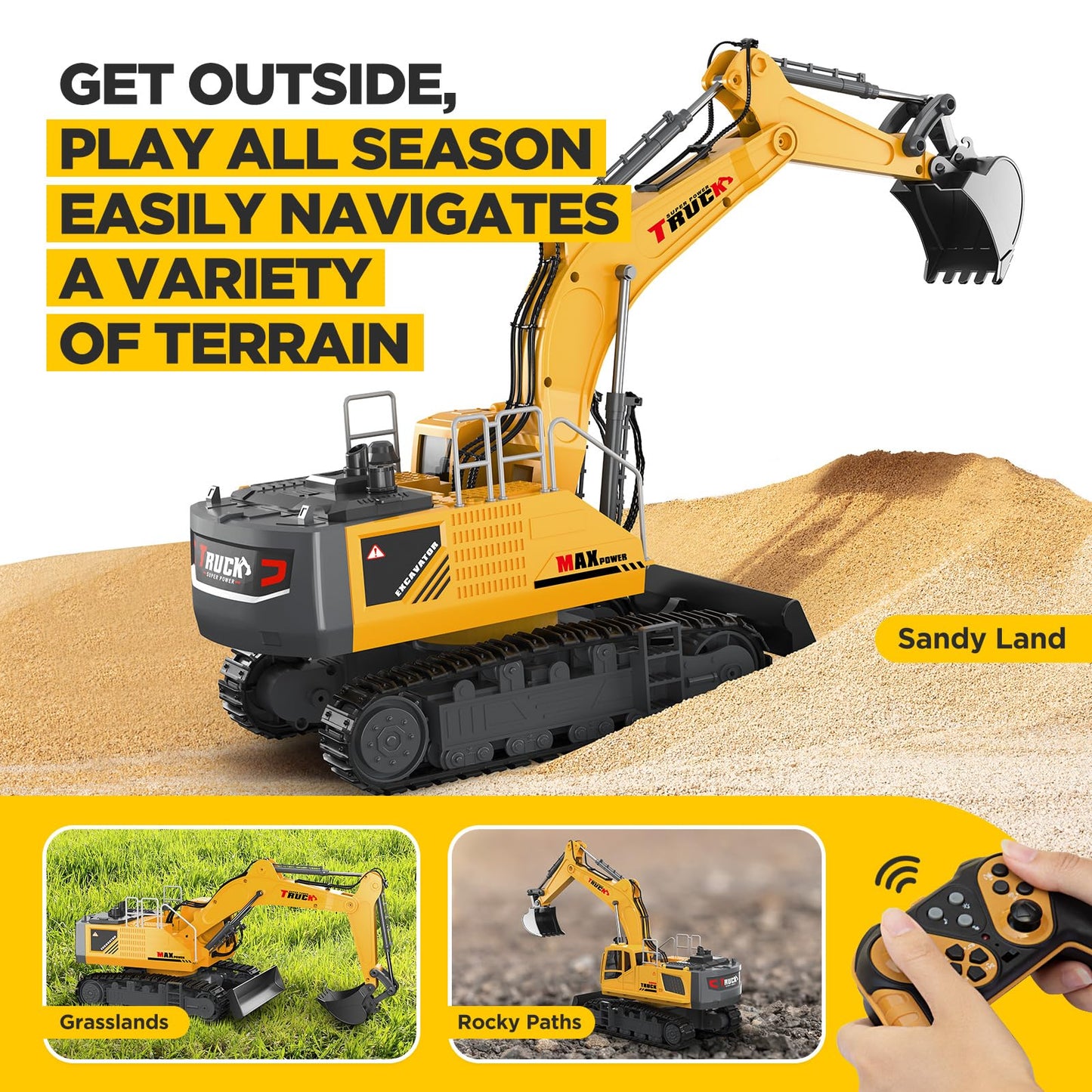 KIDMARKT 21" Large Remote Control Excavator Toy with Metal Bucket & Dozer Blade, 15-Channel RC Excavator Toys for Boys 6+ Kids Adults Construction Vehicles Birthday Gift, 120+Mins/Spray/Sound/Light