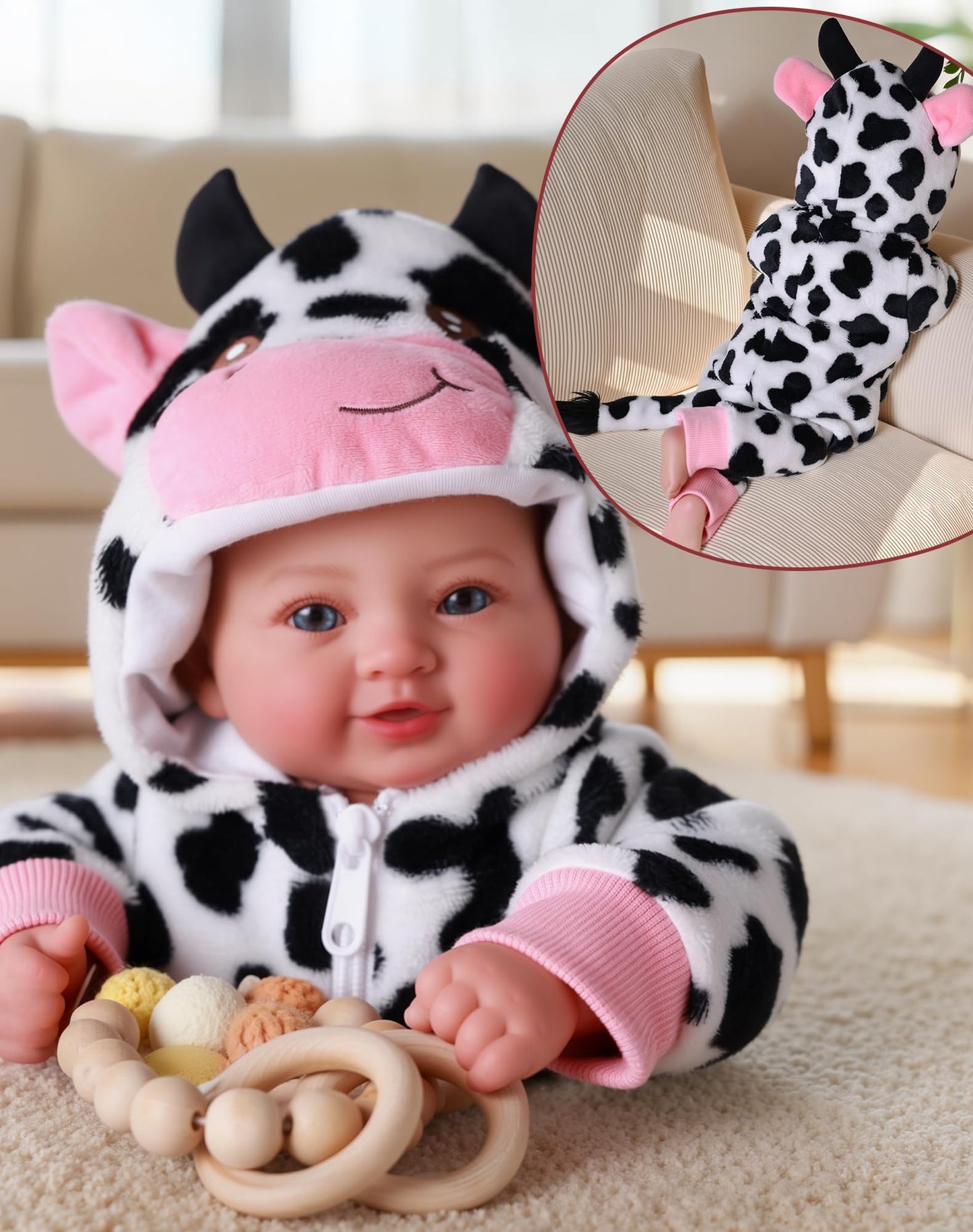 BABESIDE Baby Doll Girl - 17-Inch Soft Body Realistic Baby Doll with Blue Eyes and Cow Outfit Lightweight Real Life Baby Dolls for 3+ 4 5 6 7 8 9 Years Girl Birthday Gifts, Pretend Play and Christmas