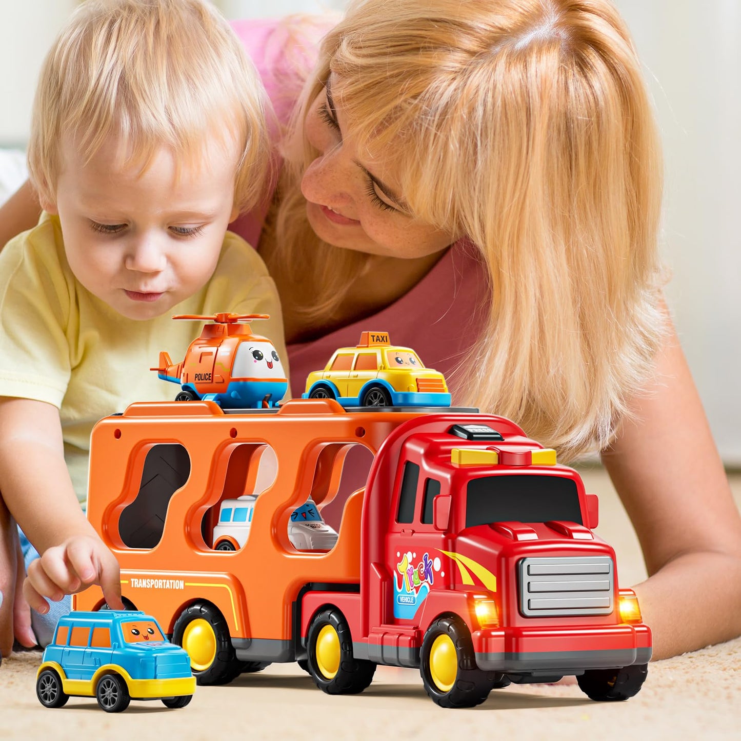 KIZONLY Trucks for Toddlers 3-4 Years, Toys for 3 4 5 6 7 Years Old Boy, 5 in 1 Carrier Transport Truck Vehicle Toy Set with Sound and Light, Christmas Birthday Gift for Kids 3 4 5 6 Years Old