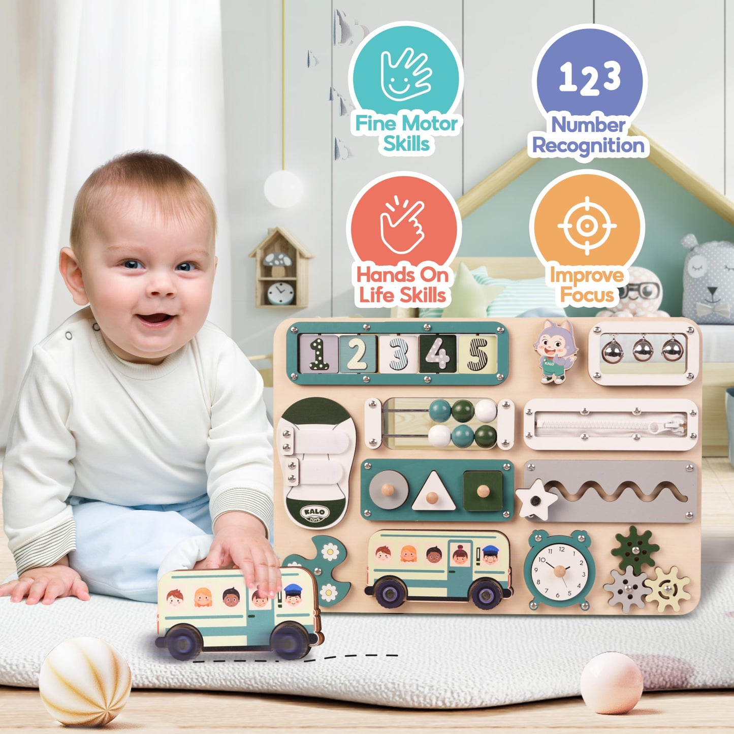KALOTOYS Large Montessori Busy Board for Baby & Toddlers 1-3 — 17-Inch Wooden Sensory Activity Board — Fine Motor Skills & Early Learning Educational Toy for 1 2 3 Year Old, Travel Friendly & Safe