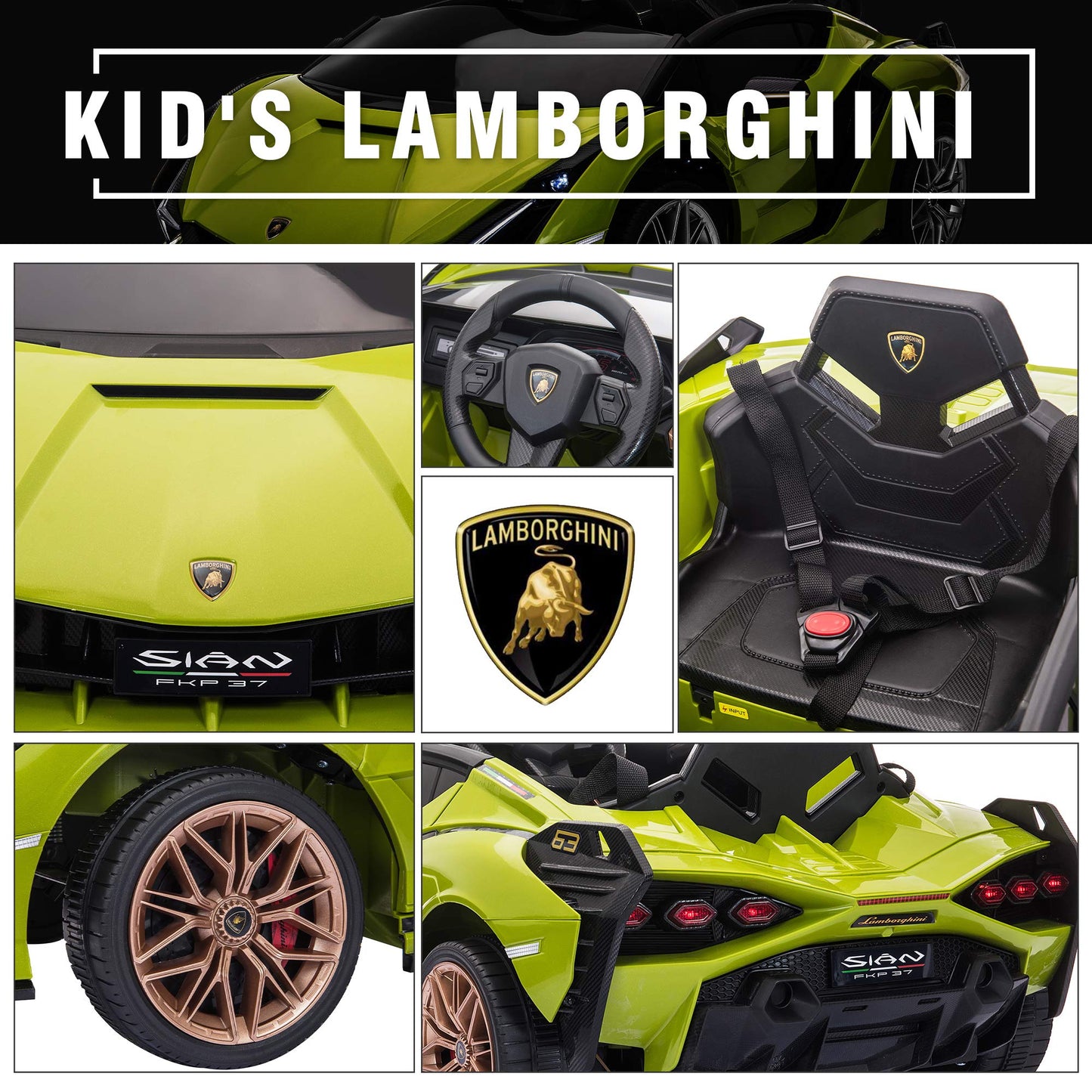 TOBBI 12V Kids Electric Ride On Car, Licensed Lamborghini SIAN Parente Remote Control Toy Toddler Battery Powered 4 Wheeler Vehicle to Drive with Safety Belt/Horn & LED Lights for Children 1-6-Green