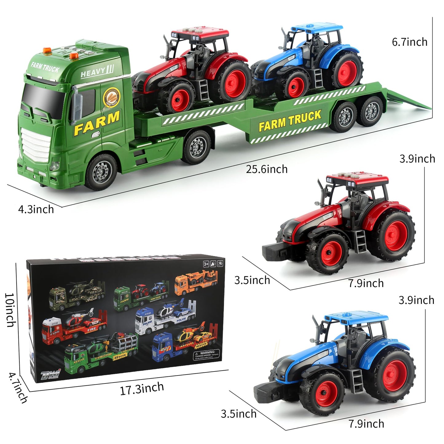 Dwi Dowellin Large Flatbed Semi Truck Toy for Kids,Includes Farm Vehicles,Car Toy Birthday Gift for 2 3 4 5 Years Old Boys and Girls