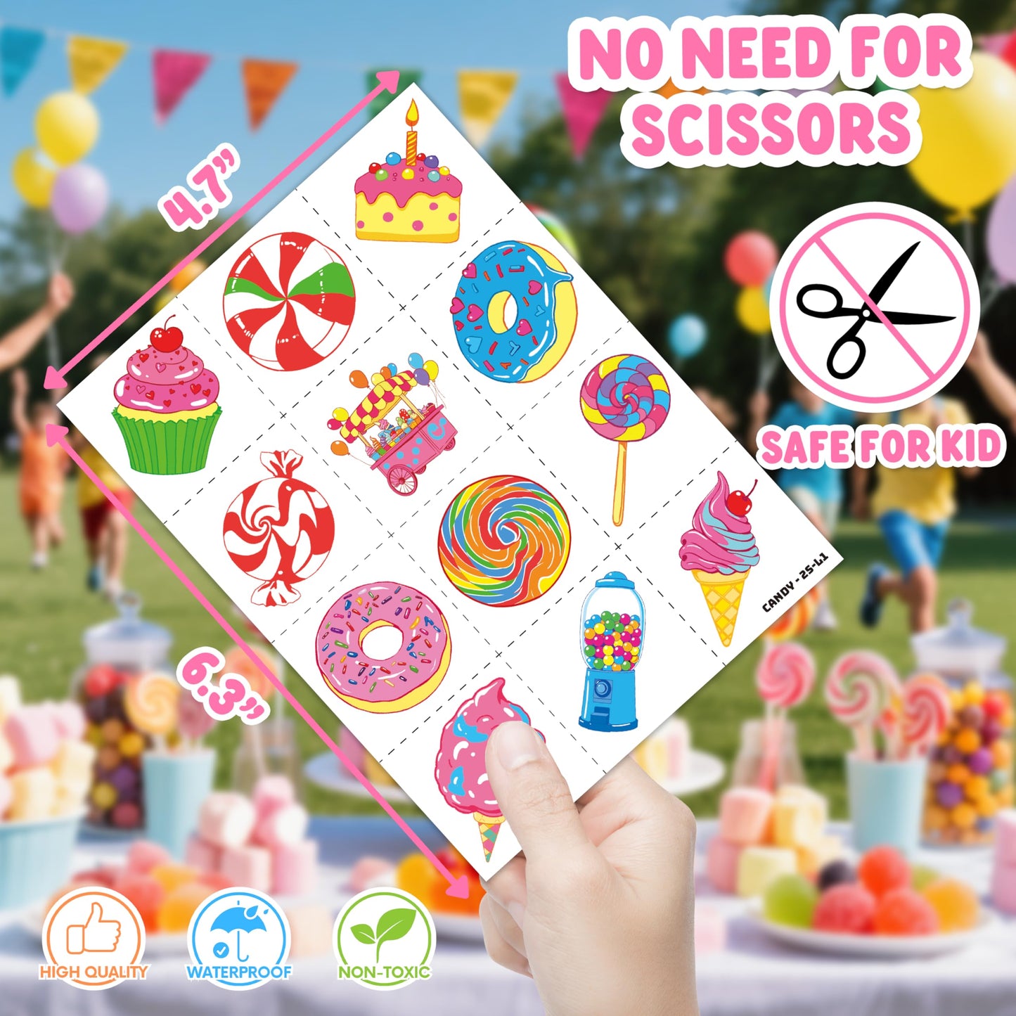 48PCS Candy Land Party Favors - 24PCS Temporary Tattoos & 24PCS Stick Hands Party - Perfect Birthday Party Supplies, Goodie Bag Stuffers, Treasure Box Toys, Classroom Prizes, and Student Gifts