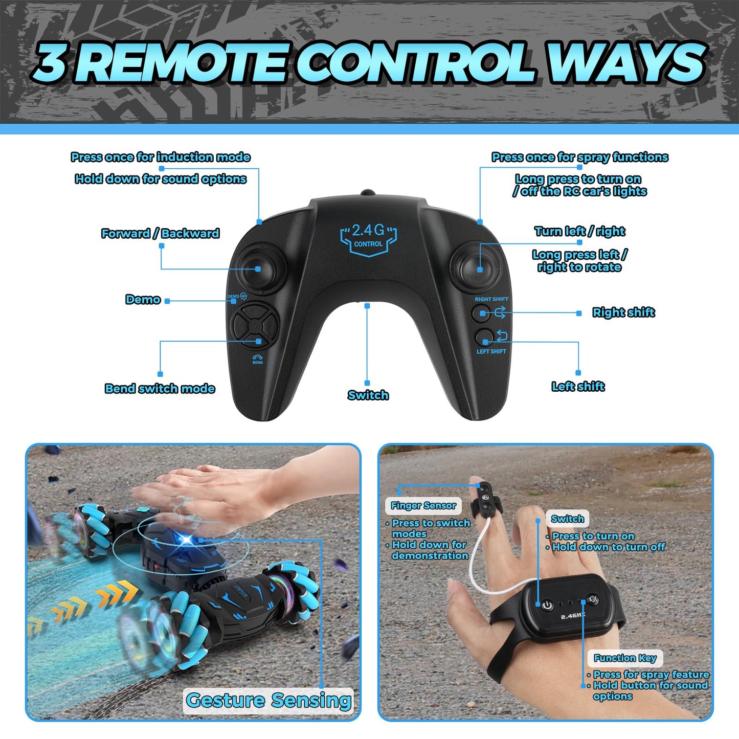 Nitigo Gesture RC Car Hand Controlled Rc Car Toys for Boys Girls 6-12, 2.4GHz 360° Rotation 4WD Gesture Sensing Rc Stunt Car with Light & Music & Spray, Birthday Gifts for Kids