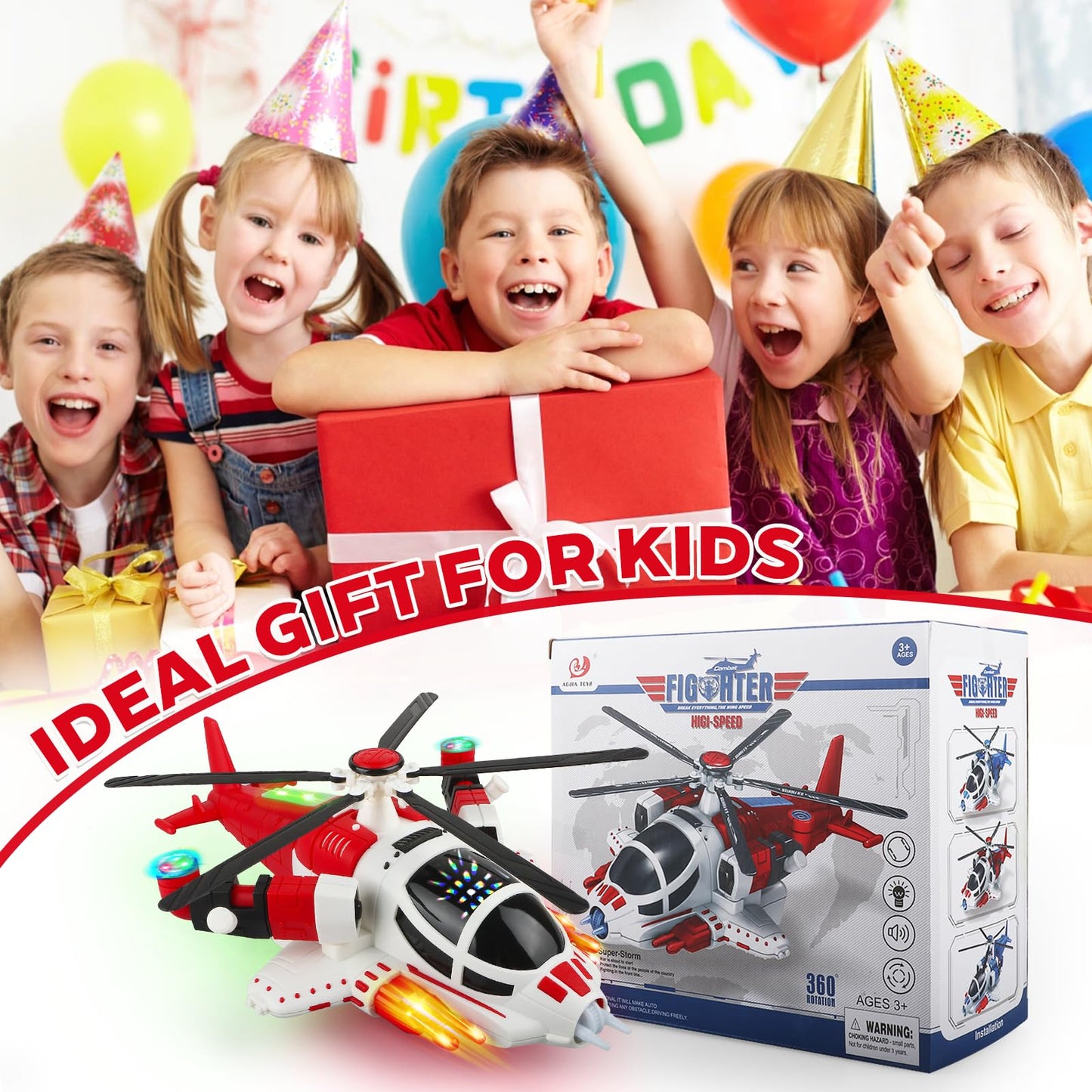 victob Helicopter Toy for Toddlers with Lights and Music, 360° Rotating Airplane Toy for Kids, Bump-and-Go Action, Birthday Gift for Boys Girls Ages 3-7 (Red)