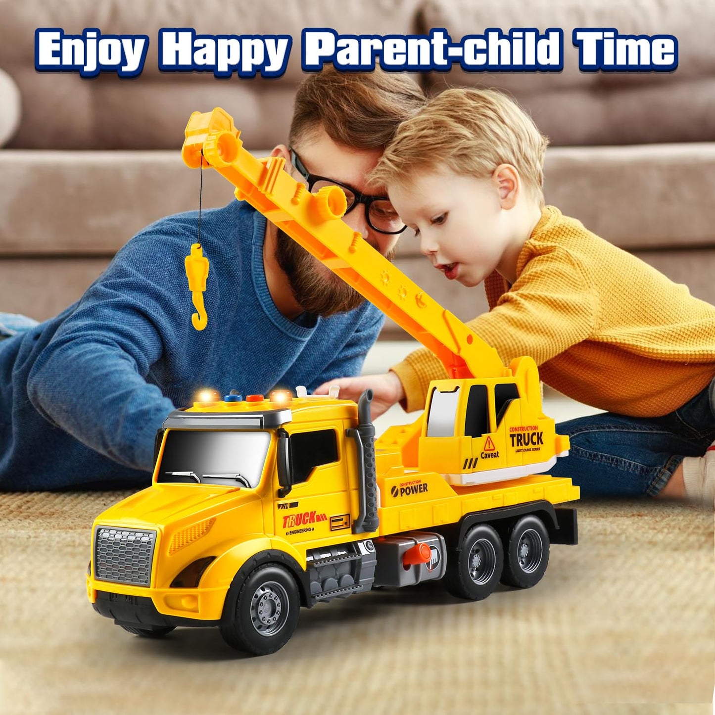 DWIRCTOYS Crane Truck Toy for Kids Ages 3-7, Kids Toys Friction Powered Construction Vehicle with Extendable Arm, Rotating Crane, Lights and Sounds Birthday Gifts for Boys Girls