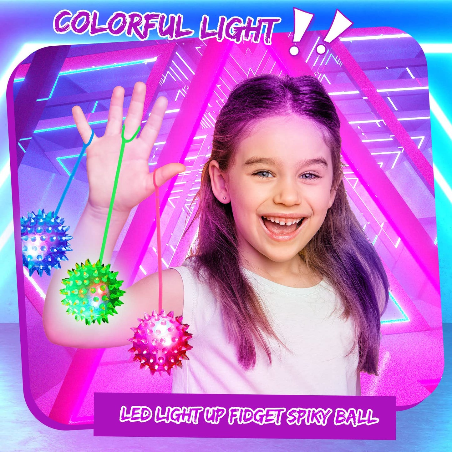 Leitee 36 Pieces Bouncy Balls Party Favor for Kid Light up LED Ball Bulk Glow in The Dark LED Flashing Light Spiky Toy on Rope Sensory Stress Relief Fidget Toy Rubber for Teen Adult Student