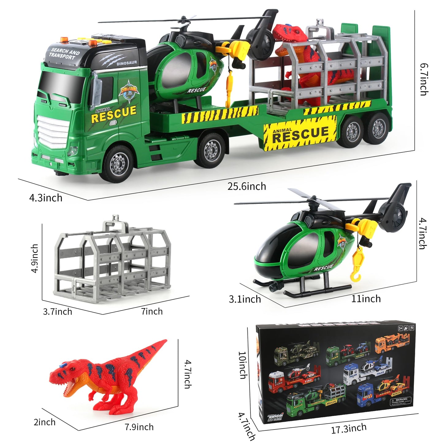 Dwi Dowellin Carrier Truck Kids Toys,25.6" Semi Truck Toy with Helicopter and Dinosaurs,Gifts for Age 3 4 5 6+ Years Old Boys Girls