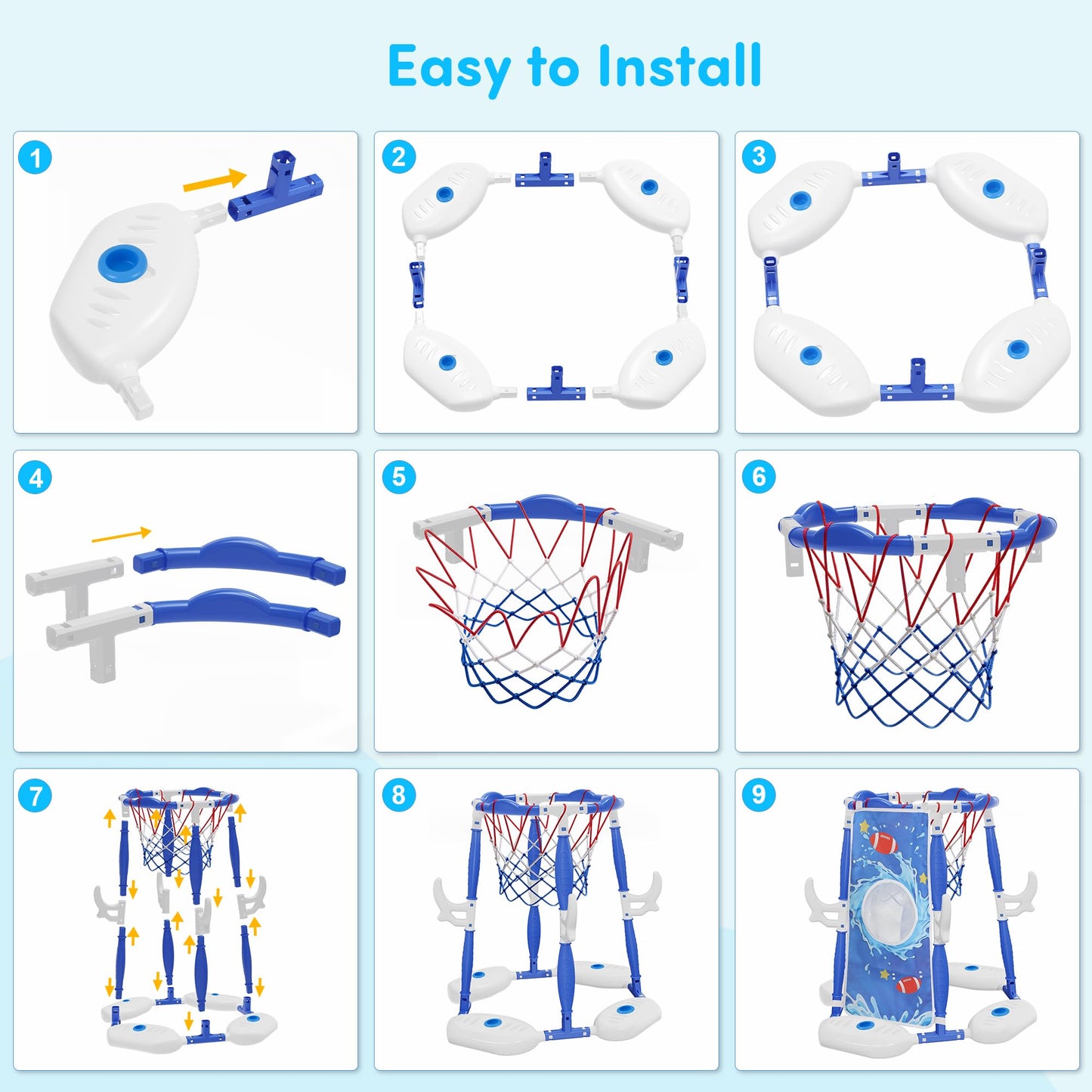PJG Pool Basketball Hoop, 3-in-1 Floating Poolside Basketball Ring Game Football for Kids Ages 3-12, Outdoor Summer Swimming Pool Party Water Toy for Family Adults Boys Grils Birthday Gift (Blue)