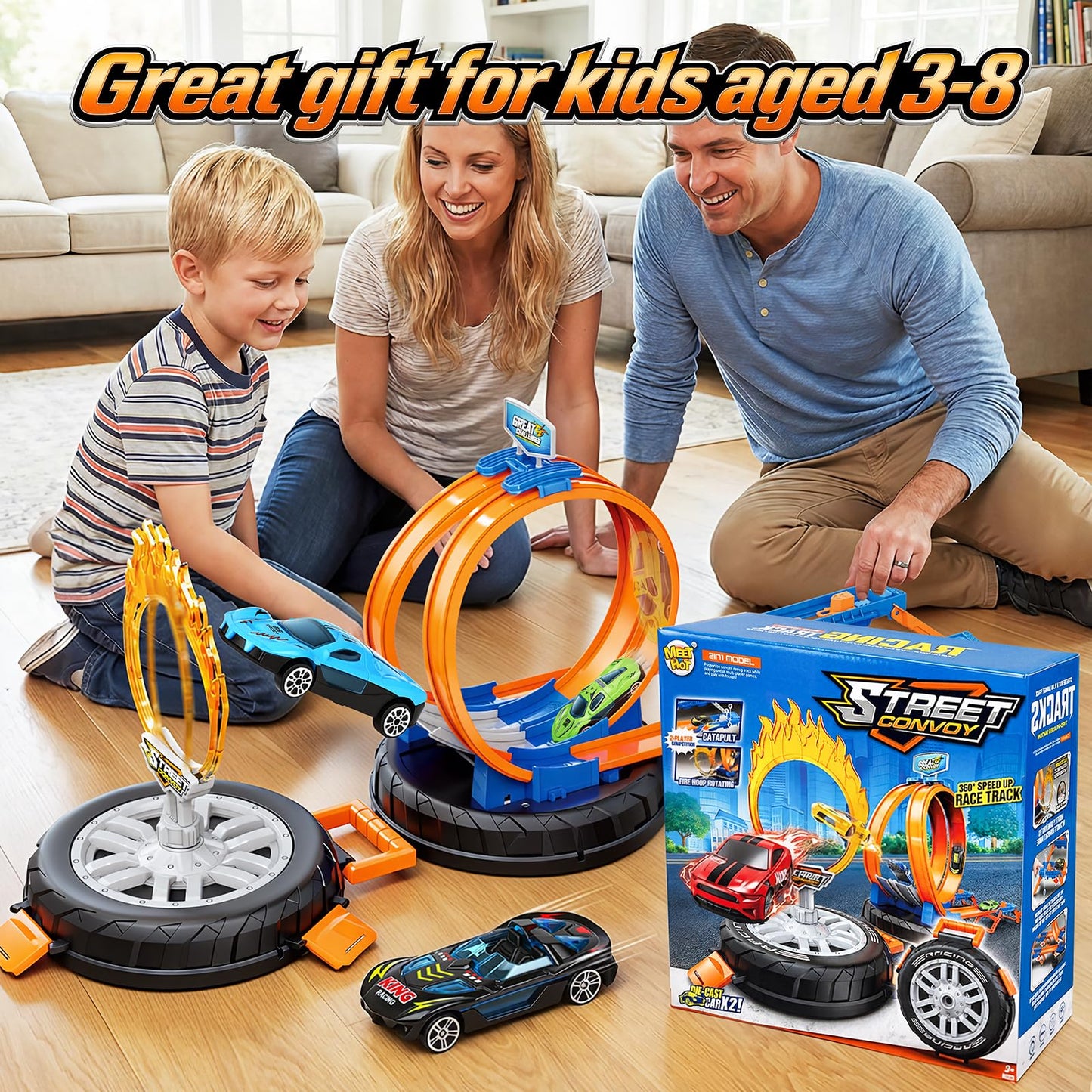 2026 Race Car Track Set Toy for Kids, Stunt Racing Playset with 360°Loop Car Track with Four 1:64 Scale Vehicles Gift Toys for Boys Girls Ages 3 4 5 6 7 8 (Standard)