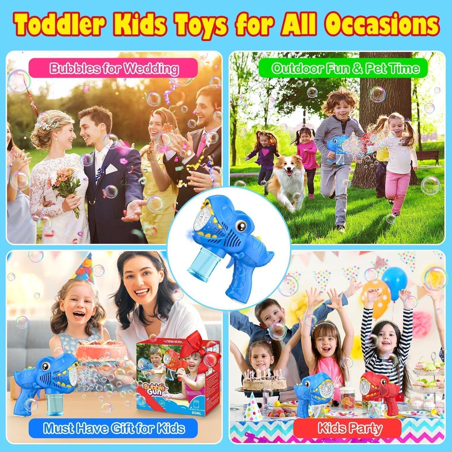 2Pcs Bubble Machine Gun Kids Toys Bubble Maker with 1800mAh Rechargeable Battery 4 Solutions Bubbles for Kids 4-8 Toddlers 1-3 Easter Basket Stuffers Dino Outdoor Toy Valentine Boy Girl