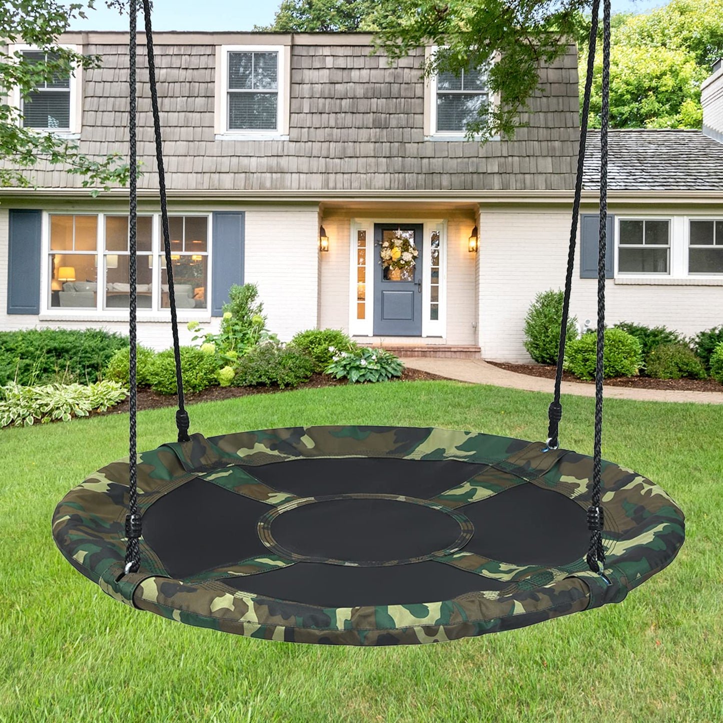 LDAILY Moccha Flying Saucer Tree Swing, Giant 40” Round Swing with Metal Frame, Adjustable Hanging Rope, Waterproof 600D Oxford Cloth, Indoor Outdoor Swing for Backyard, Playground (Camo Green)