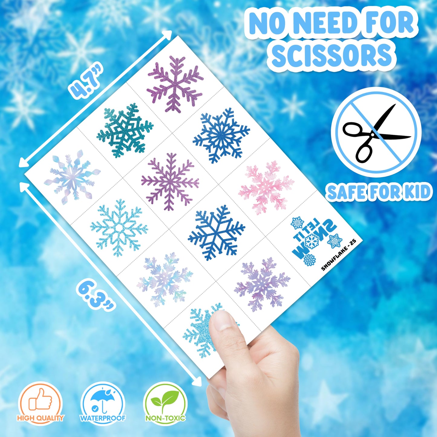 48PCS Snowflake Party Favors - 24PCS Temporary Tattoos & 24PCS Stick Hands Party Favors - Perfect Birthday Favors, Goodie Bag Stuffers, Treasure Box Toys, Classroom Prizes, and Student Gifts