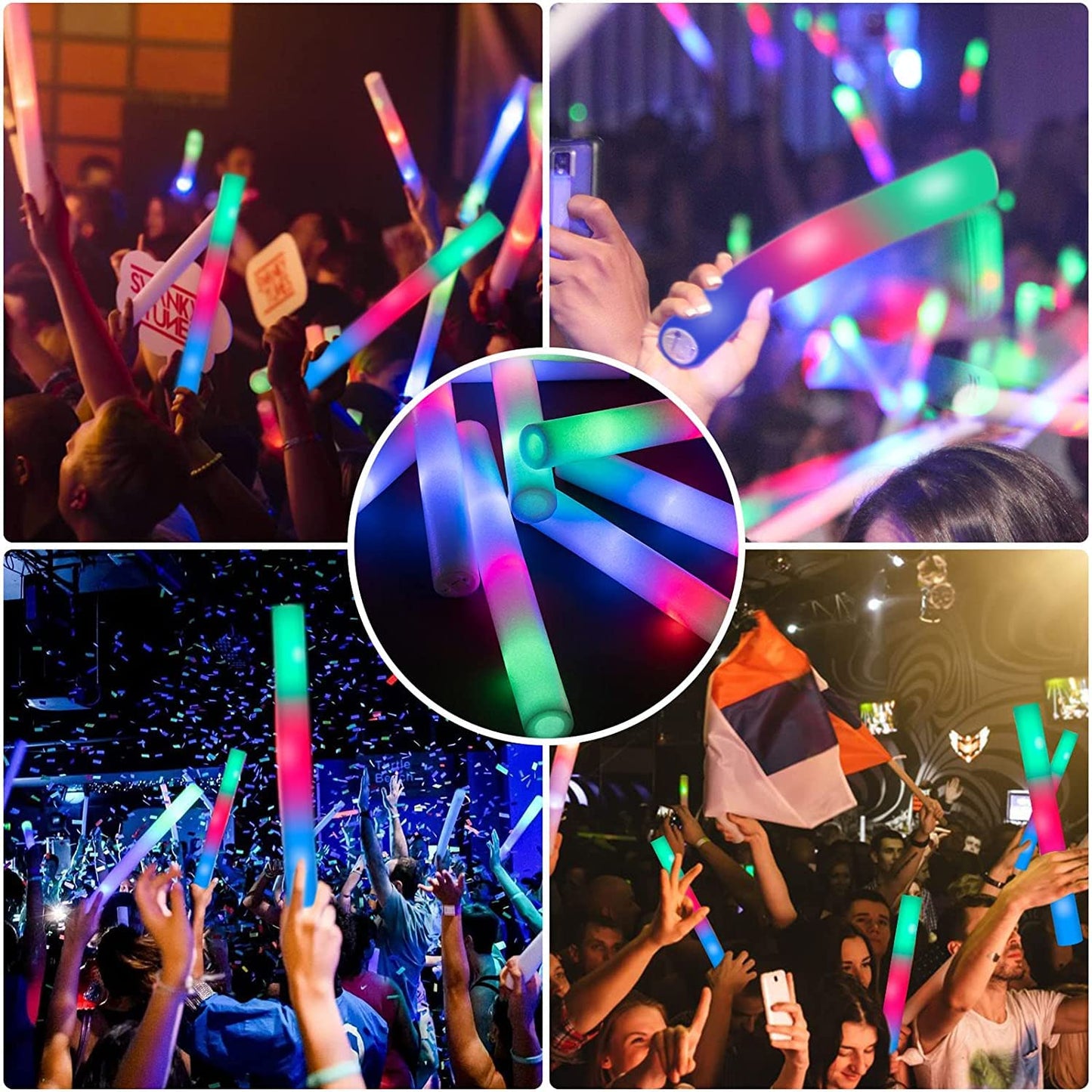 SHQDD 100PCS LED Foam Sticks, Foam Light Up Sticks with 3 Modes Colorful Flashing, Glow in Dark Party Supplies, Glow Stick Bulk Party Pack for Wedding, Raves, Concert, Camping, Sporting Events, Pool