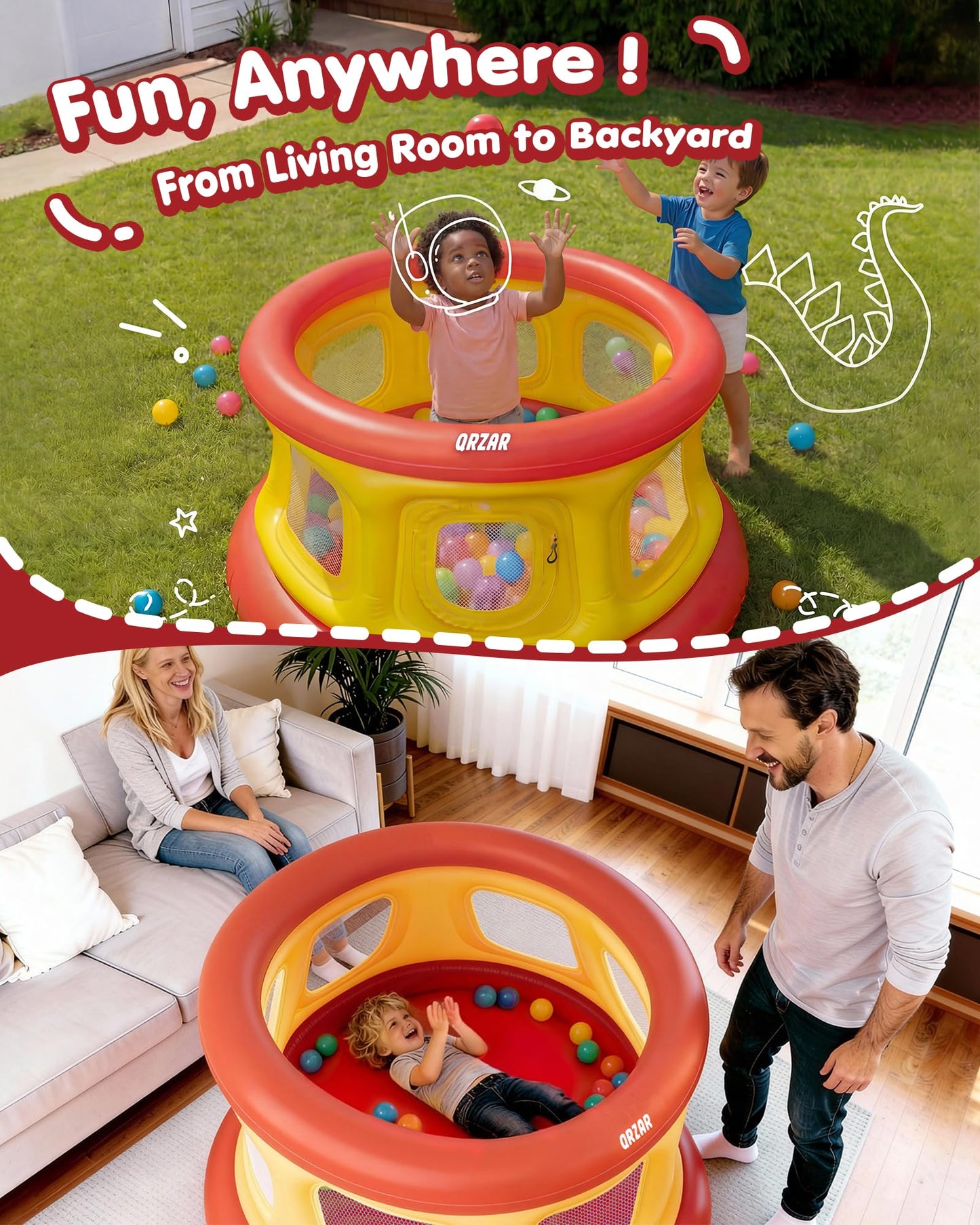 All-in-1 Inflatable Bounce House with 55 Balls for Toddlers 1-3, Playpen, Ball Pit and Trampoline, Thickened Matte PVC, Safety Net, 3-Min Setup with Air Pump for Kids Indoor and Outdoor Play(51'')