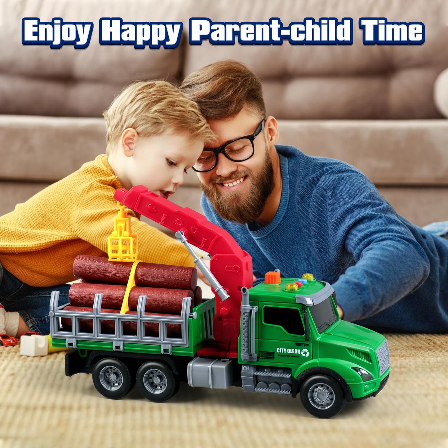 DWIRCTOYS Kids Toys for 3 4 5 6 Year Old Boys,Farm Logging Truck Toy with Loading Crane and 6 Trunks, Lights&Sounds,Friction Powered Truck Kids Birthday Gifts for Boys Girls