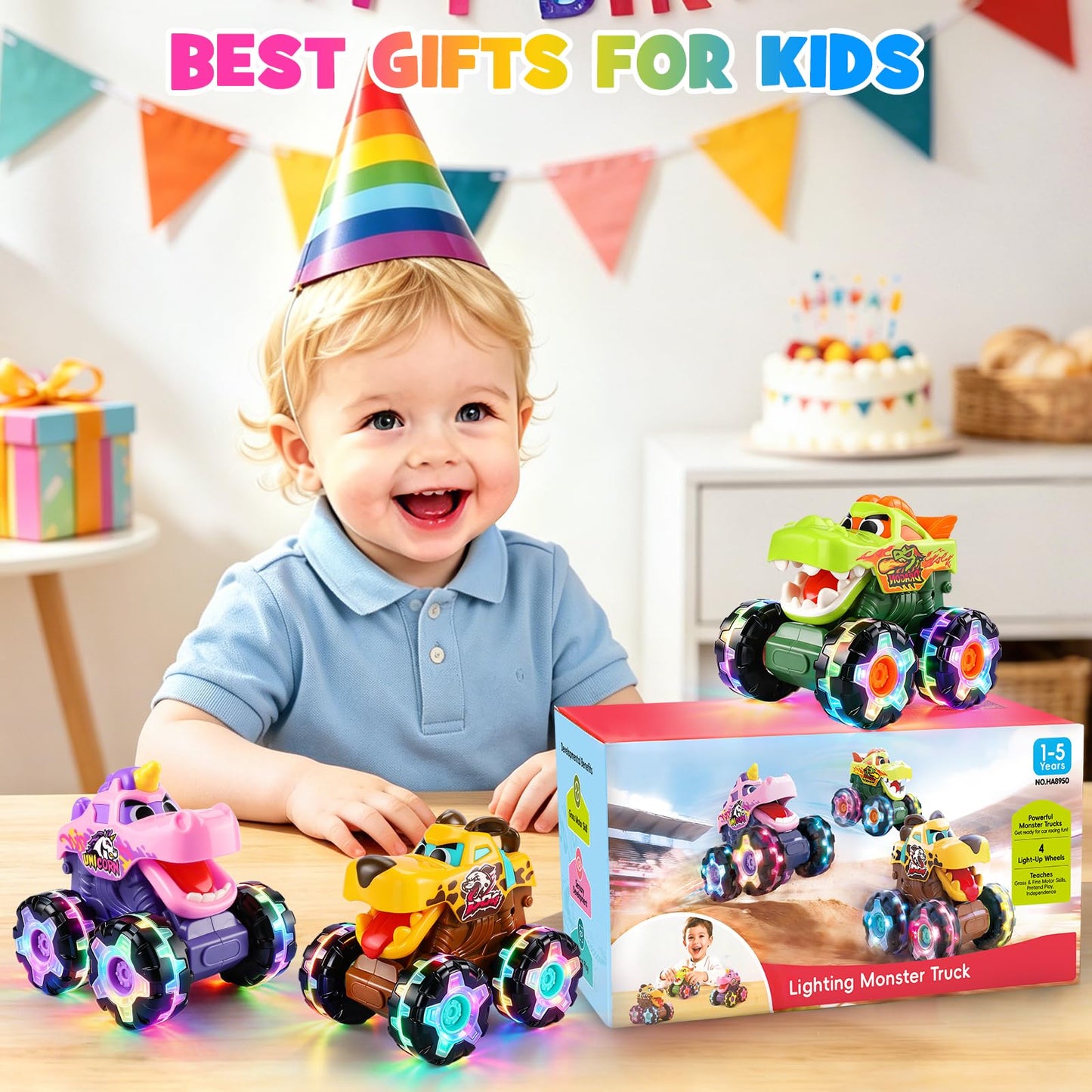 OCATO Monster Truck Toys for 1 2 3 4 Year Old Boy Birthday Gift, Light Up Monster Trucks Inertia Toy Cars for Toddlers 1-3 Soft Light Glowing LED Wheels, Baby Toddler Kids Boy Toys Gifts Age 1 2 3 4 5
