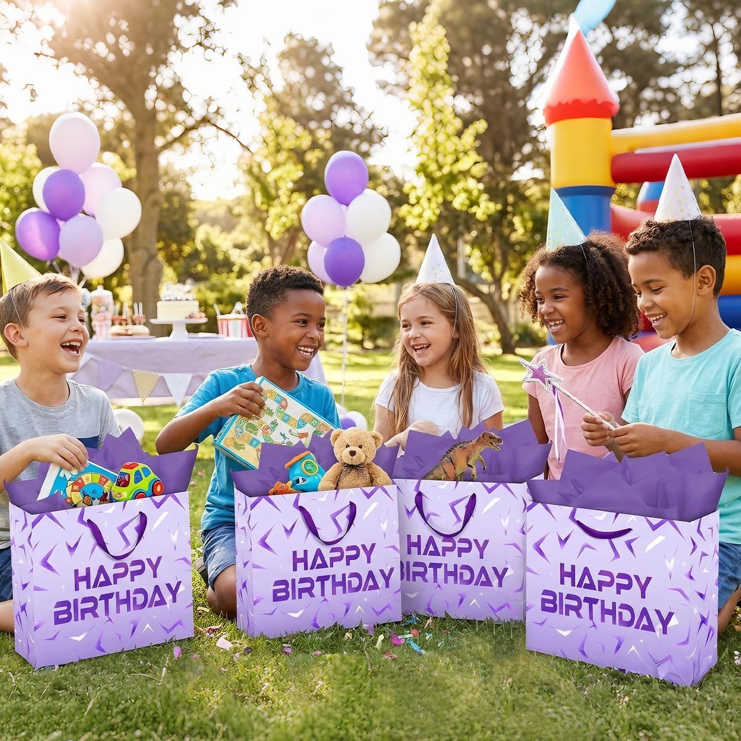 YTHKJS 13'' Large Purple Demon Party Gift Bag Set with Handles, Greeting Card and Tissue Papers for Hunter Theme Party Decoration (Purple 1Pcs)