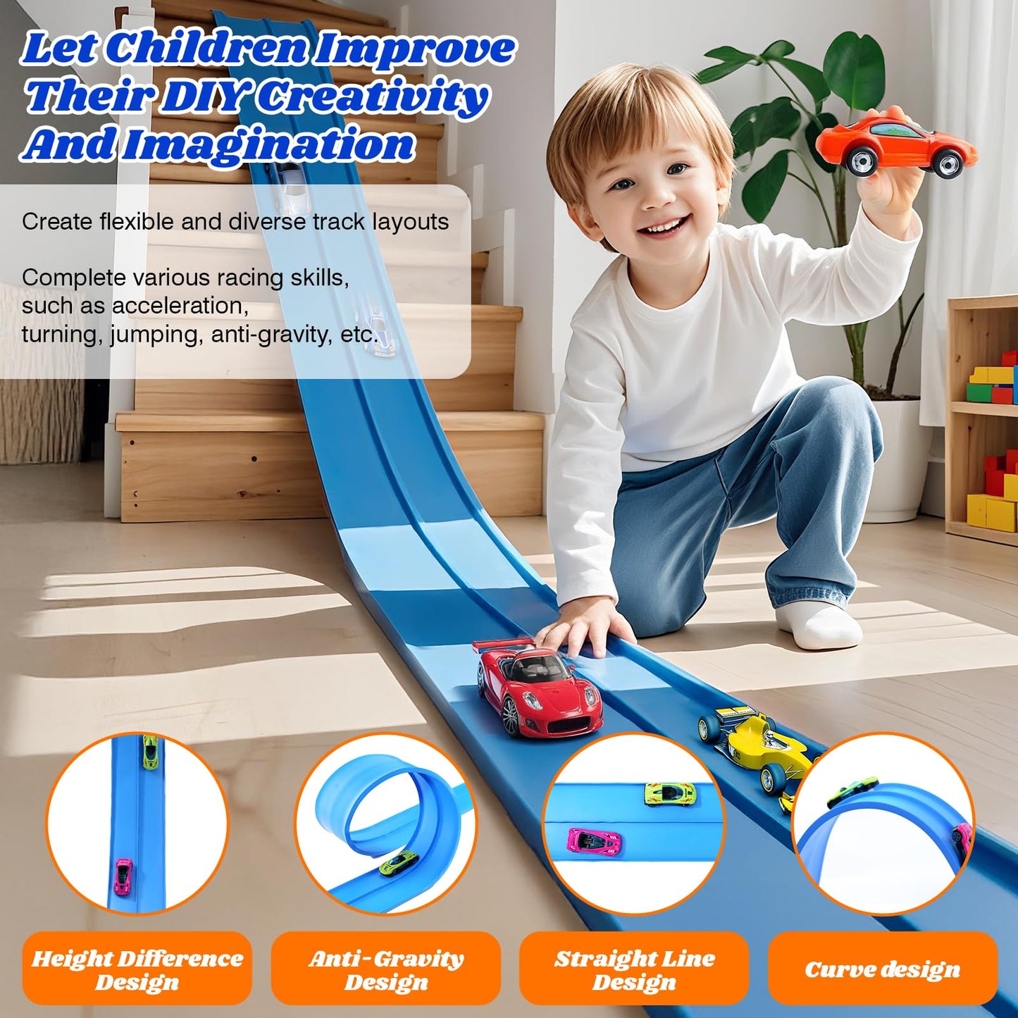 Flexible Race Track Toys for Kids: 15 Ft Flex Race Car Ramp Track with Suction Cups - Rolls Up Portable DIY Racetrack Compatible with Diecast 1/64th Cars Model - Birthday Gifts for Boys Girls Ages 3+