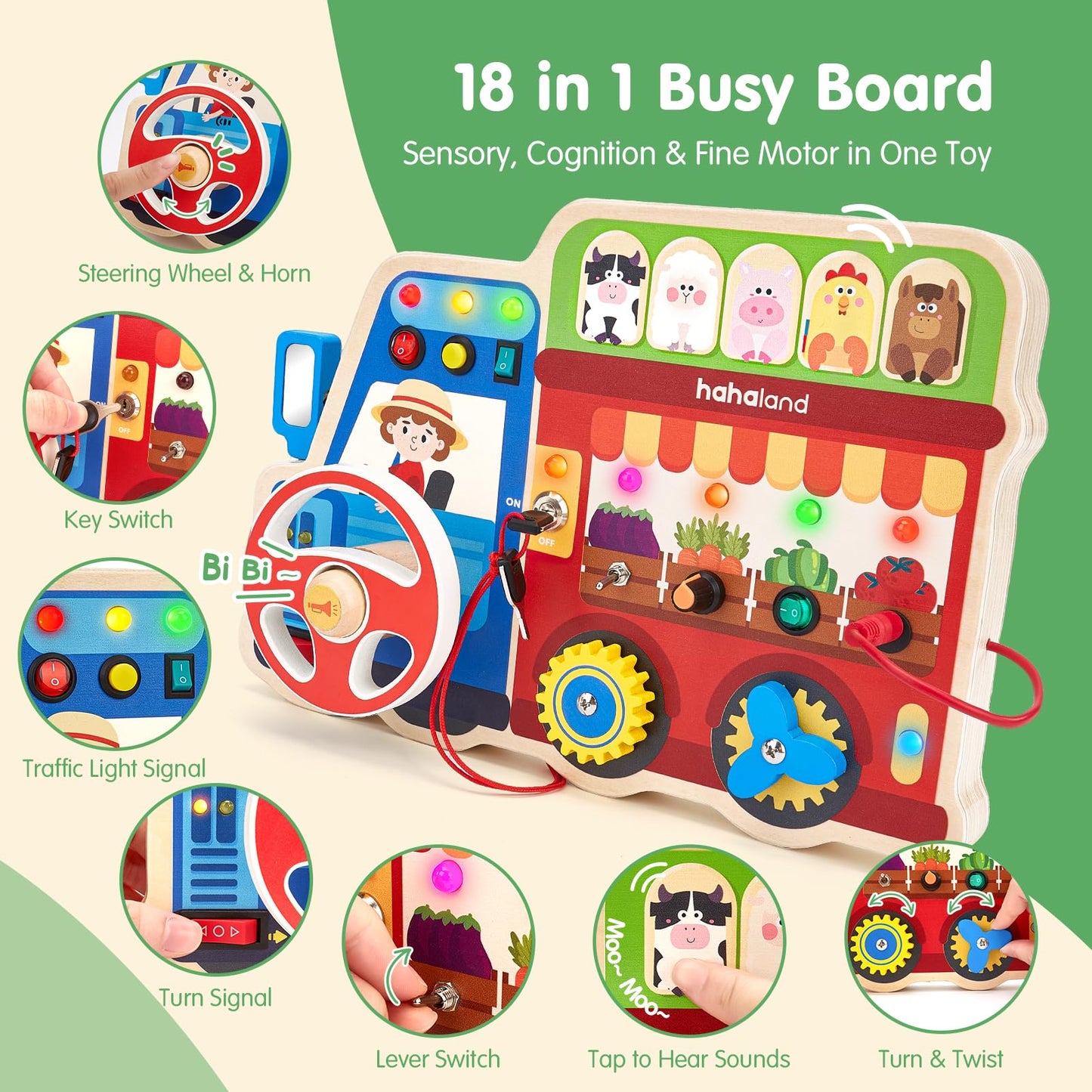 hahaland Montessori Busy Board for Toddlers 3-5, 18-in-1 Wooden Sensory Activity Board with LED Lights & Switches, Educational Montessori Toy for Fine Motor Skills, Kids Gift