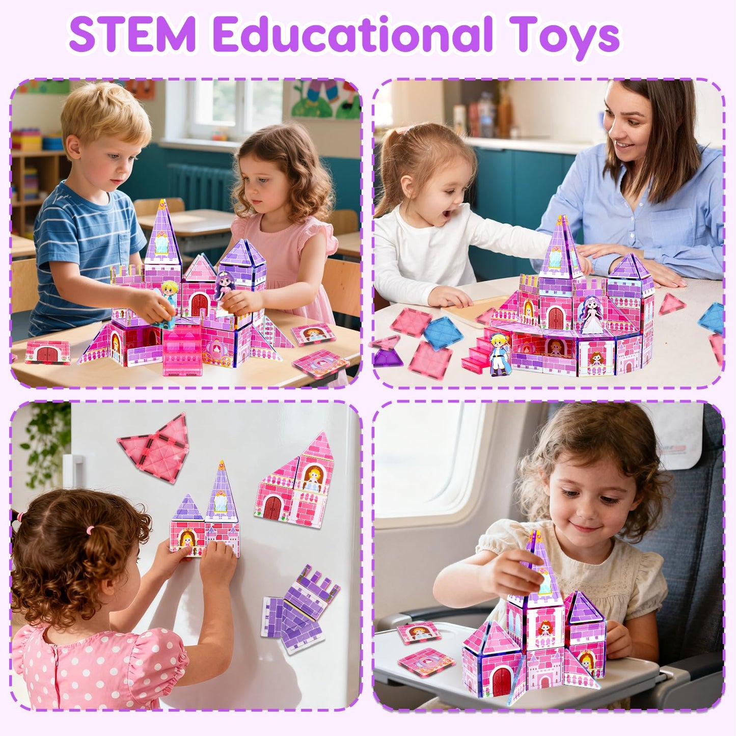 Tsomtto Magnetic Tiles for Girls - Princess Magnetic Blocks Building Toys for Kids Ages 3-5 4-8 Toddler STEM Educational Learning Sensory Toys for 3 4 5 6 7 8 9+ Year Old Boys Girls Birthday Gifts